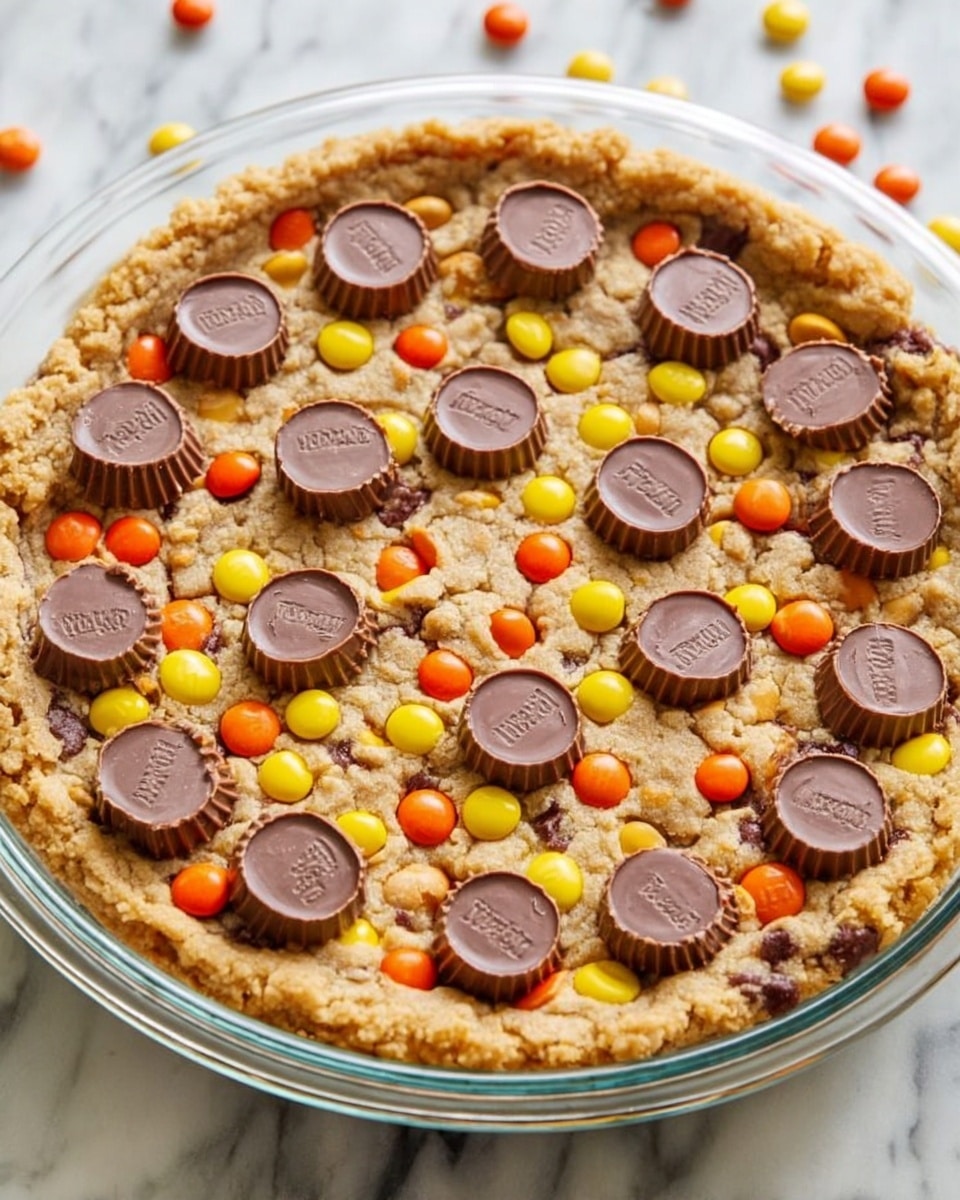 A large round cookie cake baked in a clear glass pie dish on a white marbled surface. The cookie has a rough golden-brown edge with a soft lighter brown center. Mixed into the cookie dough are colorful candy-coated chocolates in yellow, orange, and brown, scattered evenly. On top of the cookie are twelve large chocolate peanut butter cups placed flat and spaced around the surface, adding a rich dark brown color with a smooth texture. Photo taken with an iphone --ar 4:5 --v 7