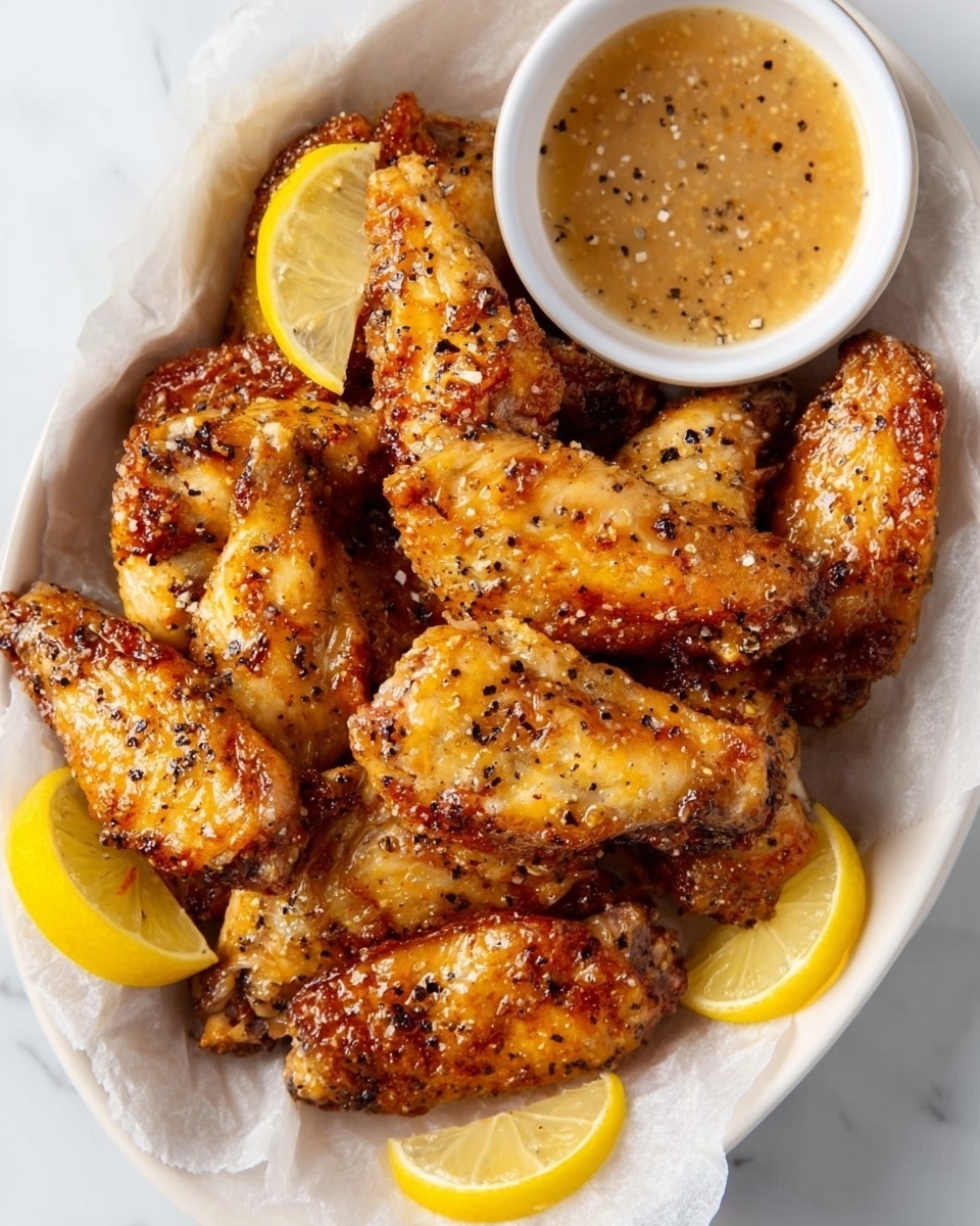 A white bowl filled with golden-brown fried chicken wings, arranged in a slightly overlapping pile on parchment paper, with visible crispy skin and some black pepper seasoning on top. There are three lemon slices placed around the edges of the wings, adding a bright yellow contrast. Next to the chicken wings is a small white bowl filled with a light brown dipping sauce that has visible black pepper flakes. The whole setup is on a white marbled surface. photo taken with an iphone --ar 4:5 --v 7