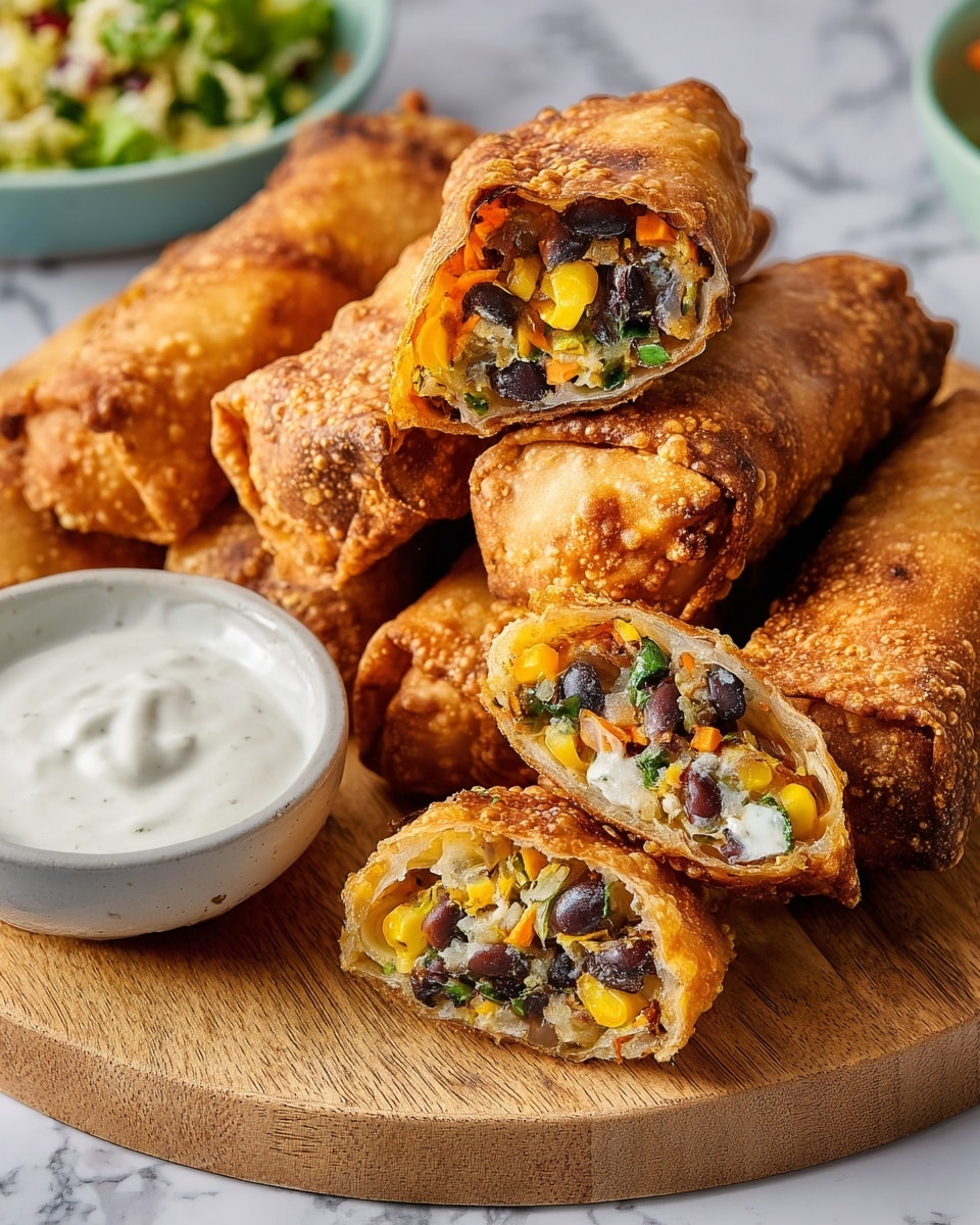 A round wooden board holds several golden-brown crispy egg rolls, some whole and some cut in half showing the filling inside. The filling has layers of yellow corn kernels, black beans, small bits of green herbs, and a light creamy mixture, all wrapped in a thin, crunchy egg roll skin with a bubbly texture on the outside. Next to the egg rolls is a speckled gray bowl filled with smooth white dipping sauce. The board is placed on a white marbled surface with some green herb pieces scattered around. In the background, there is a blurred white bowl with green salad. photo taken with an iphone --ar 4:5 --v 7