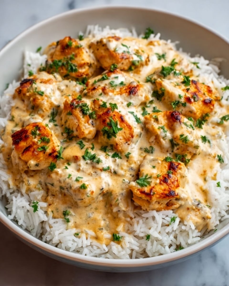 A white bowl filled with plain white rice at the bottom forms the base layer, topped with pieces of creamy orange-colored chicken arranged evenly across the surface. The chicken pieces have a smooth texture covered in a thick, rich sauce with visible herbs like green parsley sprinkled on top as garnish. The dish looks warm and hearty, with the sauce slightly pooling on the rice around the chicken. Photo taken with an iphone --ar 4:5 --v 7