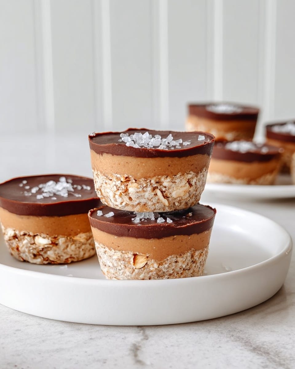 The image shows three small round treats stacked on a white plate with a white marbled surface below. Each treat has three visible layers: the bottom layer is a rough-textured mix of light brown and beige oats or nuts, the middle layer is a smooth, creamy, light brown layer, and the top layer is a smooth dark brown chocolate with a sprinkle of white salt or sugar flakes on top. In the background, more similar treats are placed casually, slightly out of focus, against a white vertical panel background. The overall look is neat and appetizing with a natural color contrast. photo taken with an iphone --ar 4:5 --v 7