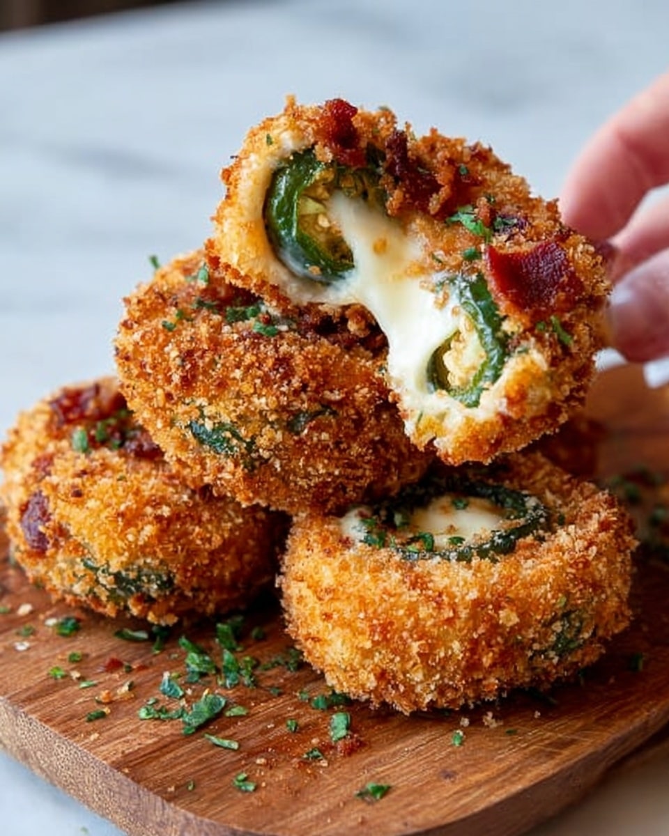 The image shows four crispy, golden-brown fried rings on a wooden board, each coated with coarse breadcrumbs. The rings are filled with creamy melted cheese that oozes out, mixed with green jalapeño slices and bits of crispy bacon on the surface. The texture looks crunchy on the outside, with a soft, gooey center. The wooden board holding the rings sits on a white marbled surface. A woman's hand is gently holding the top ring, pulling it apart to show the melted cheese inside. Photo taken with an iphone --ar 4:5 --v 7