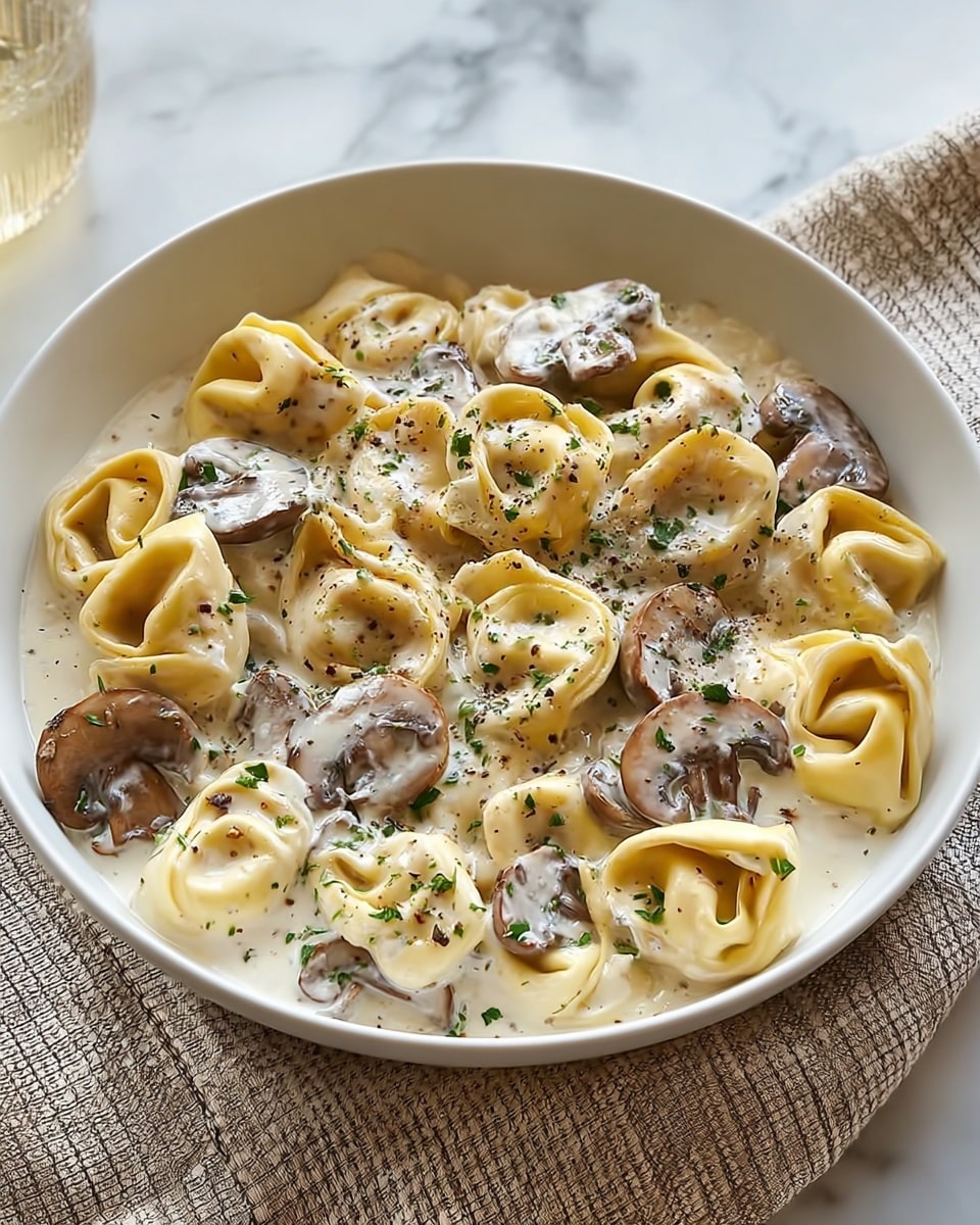 A white bowl filled with creamy mushroom tortellini pasta, showcasing one layer of yellow tortellini arranged throughout the bowl, mixed with brown sautéed mushroom slices evenly spread on top and within the creamy white sauce. The sauce has a smooth, rich texture, generously coating the tortellini and mushrooms. Small green herb sprigs are scattered across the dish, adding contrast and a fresh look, while grated cheese is lightly sprinkled. The bowl sits on a white marbled surface next to a beige and white checkered cloth and a gold fork photo taken with an iphone --ar 4:5 --v 7