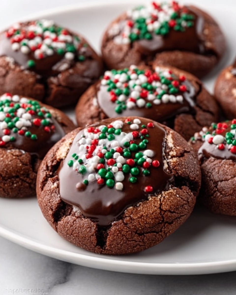 The image shows round chocolate cookies with a cracked surface, each topped with a smooth layer of melted dark chocolate. The chocolate layer is decorated with small red, green, and white round sprinkles scattered on top. The cookies are placed close together on a white plate, sitting on a white marbled surface. Photo taken with an iphone --ar 4:5 --v 7