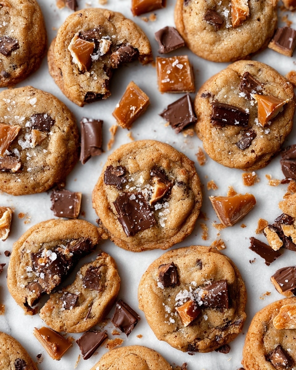 The image shows many round cookies with a golden-brown color, each cookie containing visible chunks of dark chocolate and pieces of crushed toffee scattered inside and on top. The cookies have a soft and slightly cracked texture with a few flakes of coarse sea salt sprinkled over them. Among the whole cookies, some broken toffee pieces with a mix of caramel and dark chocolate coating are scattered around on a white marbled surface, adding contrast in color and texture. One cookie near the center is broken in half, showing the soft, gooey inside with melted chocolate. The scene is closely zoomed in, capturing the rich textures and inviting colors of the cookies and toffee. photo taken with an iphone --ar 4:5 --v 7