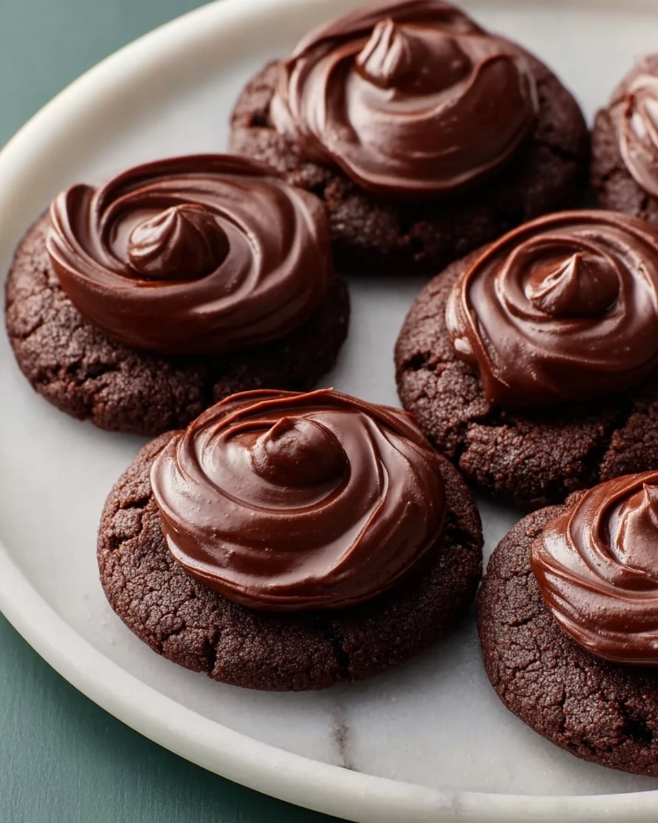 The image shows five chocolate cookies placed on a white plate. Each cookie has one thick layer of dark brown, glossy, swirled chocolate frosting on top. The cookies have a slightly rough texture with small cracks, giving them a homemade look. The background is a white marbled surface that adds a clean and simple setting to the image. Photo taken with an iphone --ar 4:5 --v 7