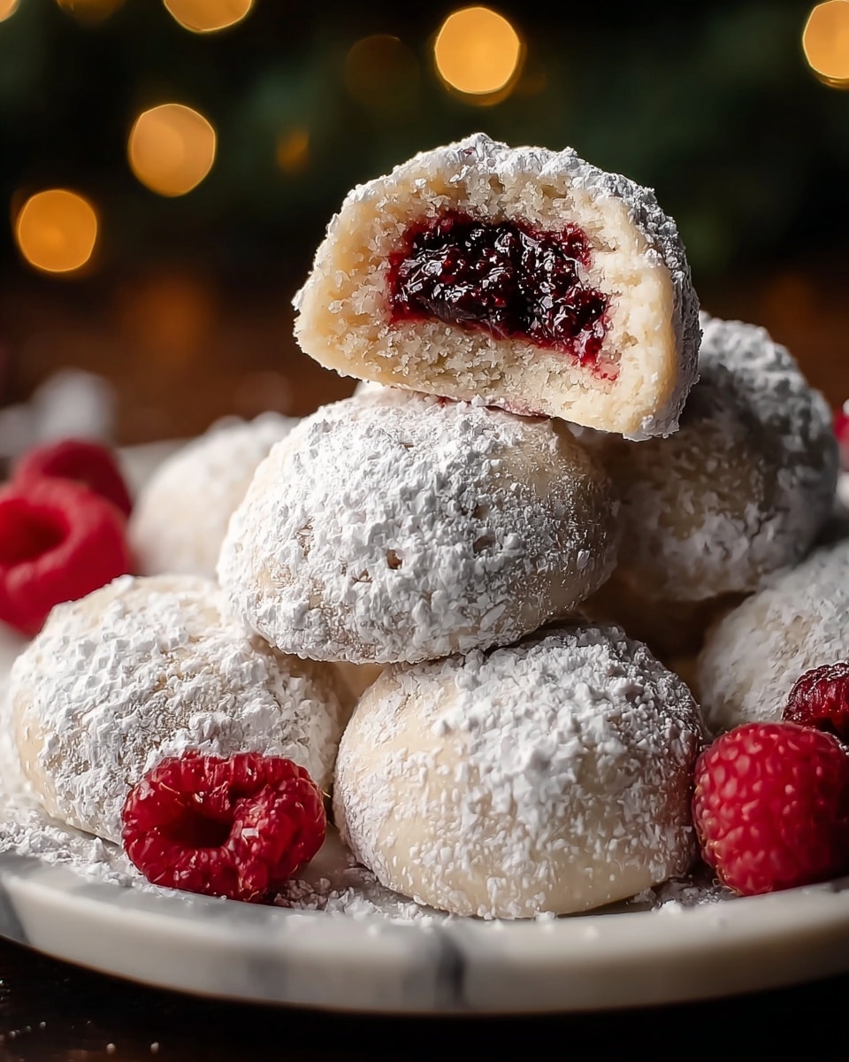 The image shows several round snowball cookies covered in white powdered sugar, stacked on a white plate. One cookie is cut open on top, revealing a bright red, glossy jam filling inside. The cookie dough looks soft and light beige with a slightly coarse texture due to the powdered sugar coating. There are a few fresh red raspberries beside the pile, adding a pop of color. The scene is set on a white marbled surface with blurred warm yellow lights in the background, giving a cozy feel. photo taken with an iphone --ar 4:5 --v 7
