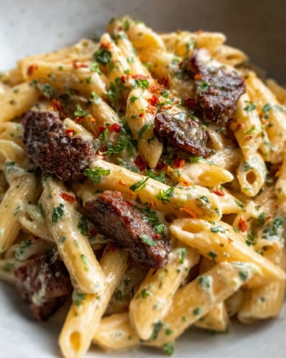 The image shows a close-up of a white plate filled with creamy penne pasta. The pasta is coated in a light, smooth cream sauce with small red pepper flakes scattered throughout. On top of the pasta are several pieces of browned sausage, adding a rich texture and color contrast. Fresh green herbs are sprinkled over everything, adding a touch of freshness and color. The edges of the sausage are slightly crispy, and the cream sauce looks thick and inviting. The background is a white marbled texture. photo taken with an iphone --ar 4:5 --v 7