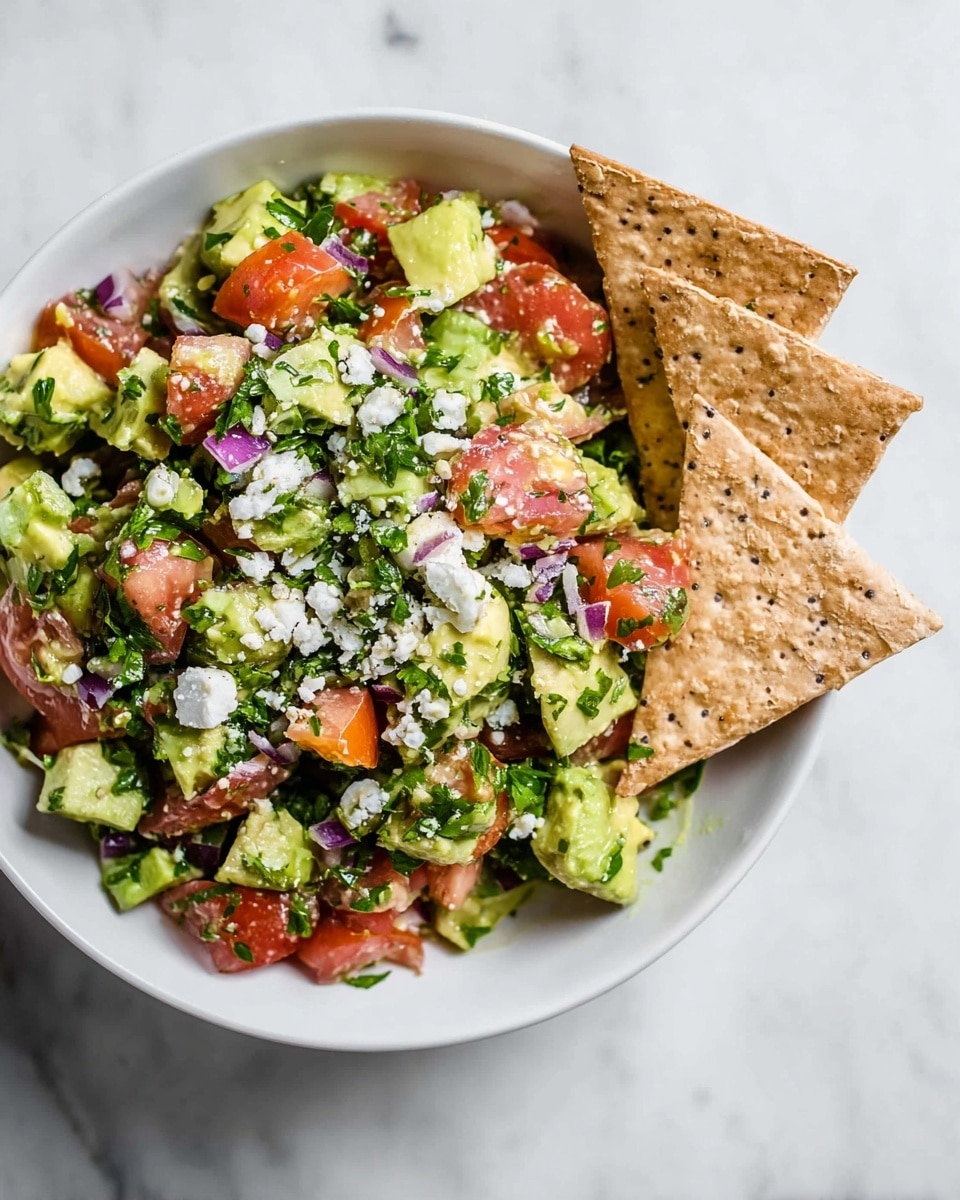 A white bowl filled with a fresh salad consisting of chopped green avocado pieces, red tomato chunks, white crumbled cheese, green parsley leaves, small pieces of purple onion, and finely diced white onion, all mixed together. Three hexagon-shaped whole grain crackers are placed on the left side of the bowl, leaning against the salad. The bowl is set on a white marbled surface, highlighting the vibrant colors and varied textures of the salad. photo taken with an iphone --ar 4:5 --v 7