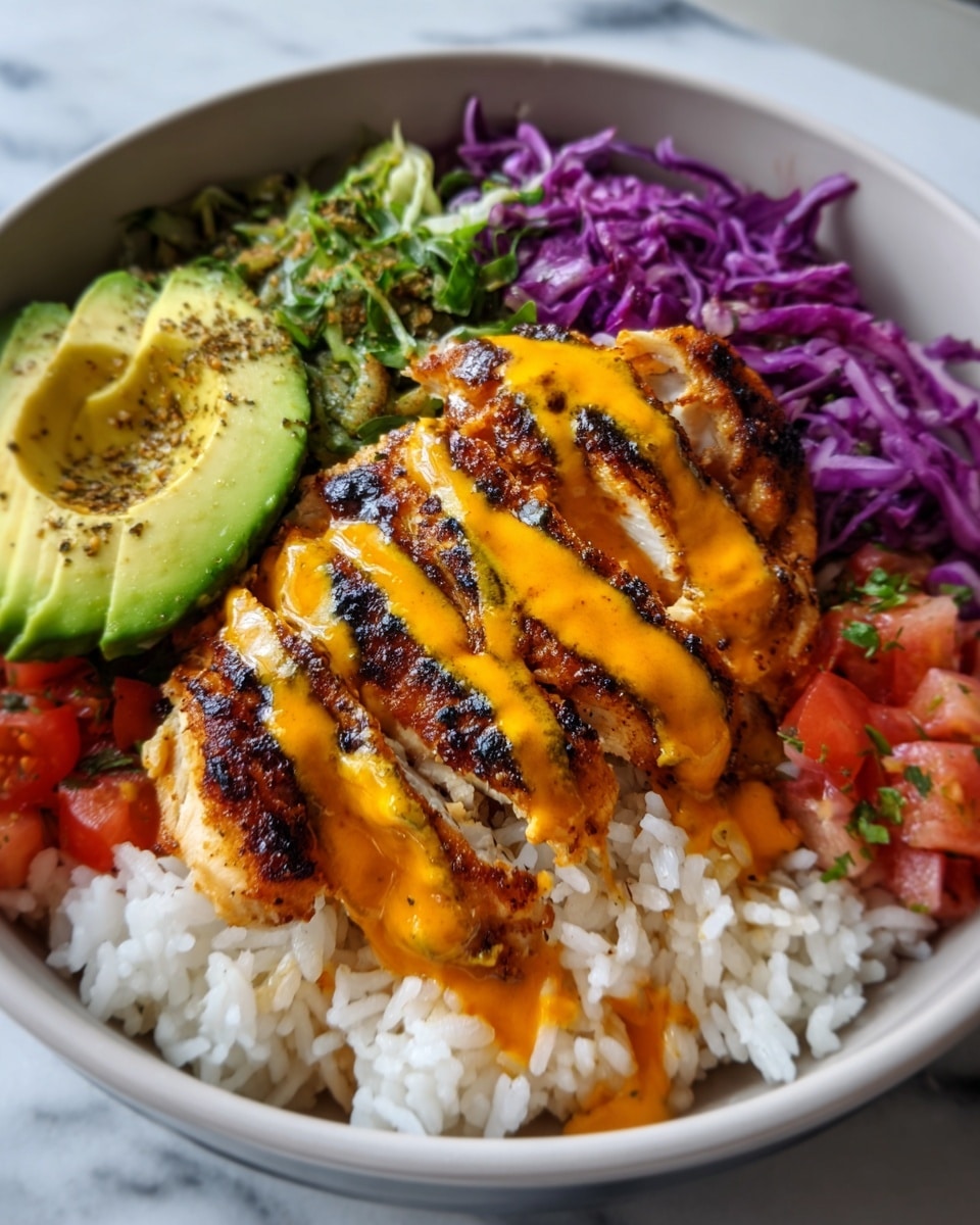 A white bowl filled with a layer of white rice at the bottom, topped with grilled chicken pieces covered in a bright orange sauce, and drizzled with a dark brown sauce. On one side, there are thin slices of green avocado sprinkled with black sesame seeds, with a sprinkle of green herbs on top. Next to the avocado is a mix of shredded purple cabbage and thin orange carrot strips, adding color and texture. The dish is vibrant and colorful, with the different layers clearly visible and arranged neatly. The photo taken with an iphone --ar 4:5 --v 7