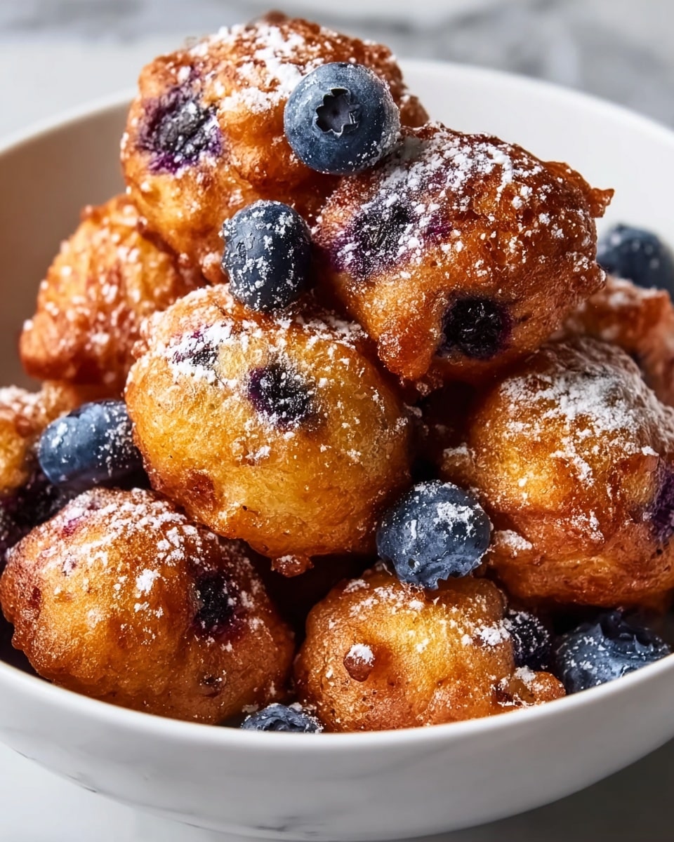 A white bowl filled with a pile of golden-brown, round blueberry fritters, each fritter showing dark purple blueberry spots and a light dusting of white powdered sugar on top, with a few fresh dark blue blueberries scattered around the fritters inside the bowl, all placed on a white marbled surface. photo taken with an iphone --ar 4:5 --v 7