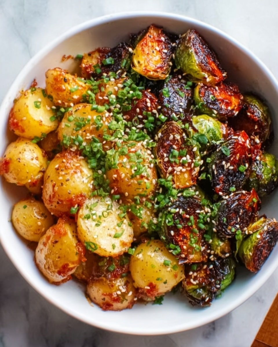 The image shows a white bowl filled with a warm dish made of golden-brown baby potatoes cut into halves, mixed with browned, crispy pieces of cauliflower, and specks of green herbs scattered on top. The cauliflower has a roasted texture with dark, slightly charred edges. The dish appears coated in a thick, rich brown sauce that clings to each ingredient, giving a glossy look. The bowl is placed on a white marbled surface, highlighting the colors of the food. photo taken with an iphone --ar 4:5 --v 7