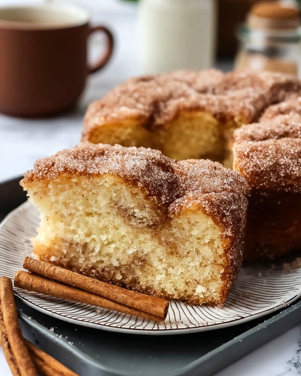 A close-up image of a soft, light yellow cake with a top layer covered in a thick, rough texture of cinnamon sugar crystals, giving a sparkling light brown look. The cake is cut into slices, showing a fluffy and moist inside with specks of cinnamon spread out evenly. It rests on a white plate with fine black lines, which is placed on a dark gray tray on a white marbled surface. Two cinnamon sticks lie next to the cake, adding to the warm color tones of the scene. In the blurred background, there is a brown mug and a glass jar with a white lid. photo taken with an iphone --ar 4:5 --v 7