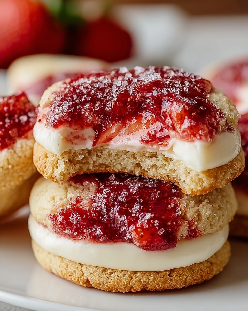 The image shows soft cookies with three visible layers stacked on a white plate: a lightly golden-brown bottom layer with a crumbly texture, a smooth off-white creamy middle layer, and a top layer of vibrant red strawberry jam with whole sliced strawberries embedded, sprinkled with coarse sugar crystals that sparkle. One cookie is bitten, revealing the creamy center with a slightly rough cookie edge, and the surrounding cookies are blurred in the background on a white marbled surface. photo taken with an iphone --ar 4:5 --v 7