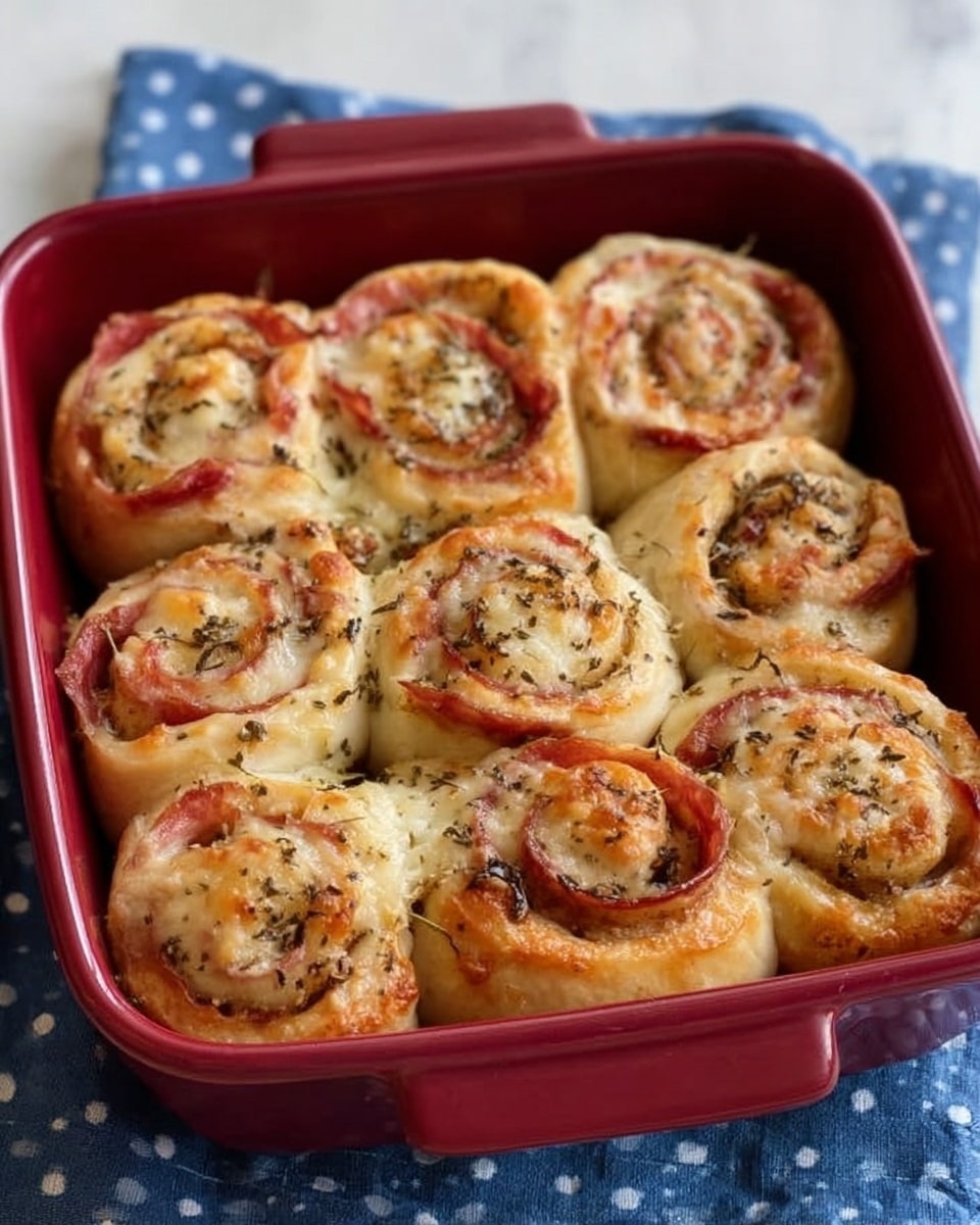 The image shows a deep white rectangular baking dish filled with seven golden-brown swirled rolls. Each roll consists of soft dough with visible layers of melted white cheese and meaty red pepperoni slices. The top of the rolls is sprinkled with black cracked pepper and herbs, giving a speckled texture contrasting with the smooth, gooey cheese. The rolls are close together, filling the dish evenly. The dish rests on a white marbled surface with a folded dark blue cloth with white dots partially visible underneath. photo taken with an iphone --ar 4:5 --v 7