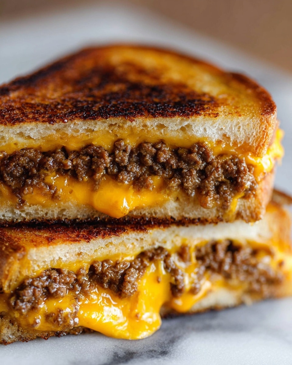 A close-up view of a sandwich cut in half, showing two golden brown toasted bread slices with a slightly crispy texture and some darker grilled spots. Between the bread layers, there are two main inner layers: a middle layer of brown cooked ground beef with a crumbly texture, and below it, a thick layer of melted bright orange cheddar cheese that looks smooth and gooey, oozing slightly at the edges. The sandwich is placed on a white marbled surface, giving a clean simple background to highlight the rich colors and textures of the toasted bread, meat, and cheese. Photo taken with an iphone --ar 4:5 --v 7