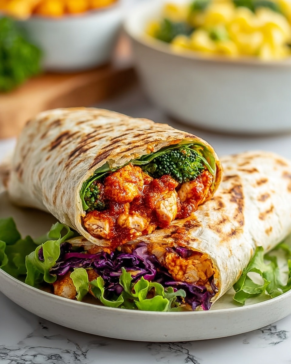 A grilled tortilla wrap with a browned, slightly charred outer layer holds juicy pieces of grilled chicken coated in red sauce, bright green broccoli florets, and fresh leafy greens like spinach and purple cabbage. The wrap is placed on a white plate with dark textured surface, resting on a white marbled background. In the blurred background, a white bowl filled with shredded cheese and some sliced red onions and a lemon wedge are visible, adding color and context to the dish. photo taken with an iphone --ar 4:5 --v 7