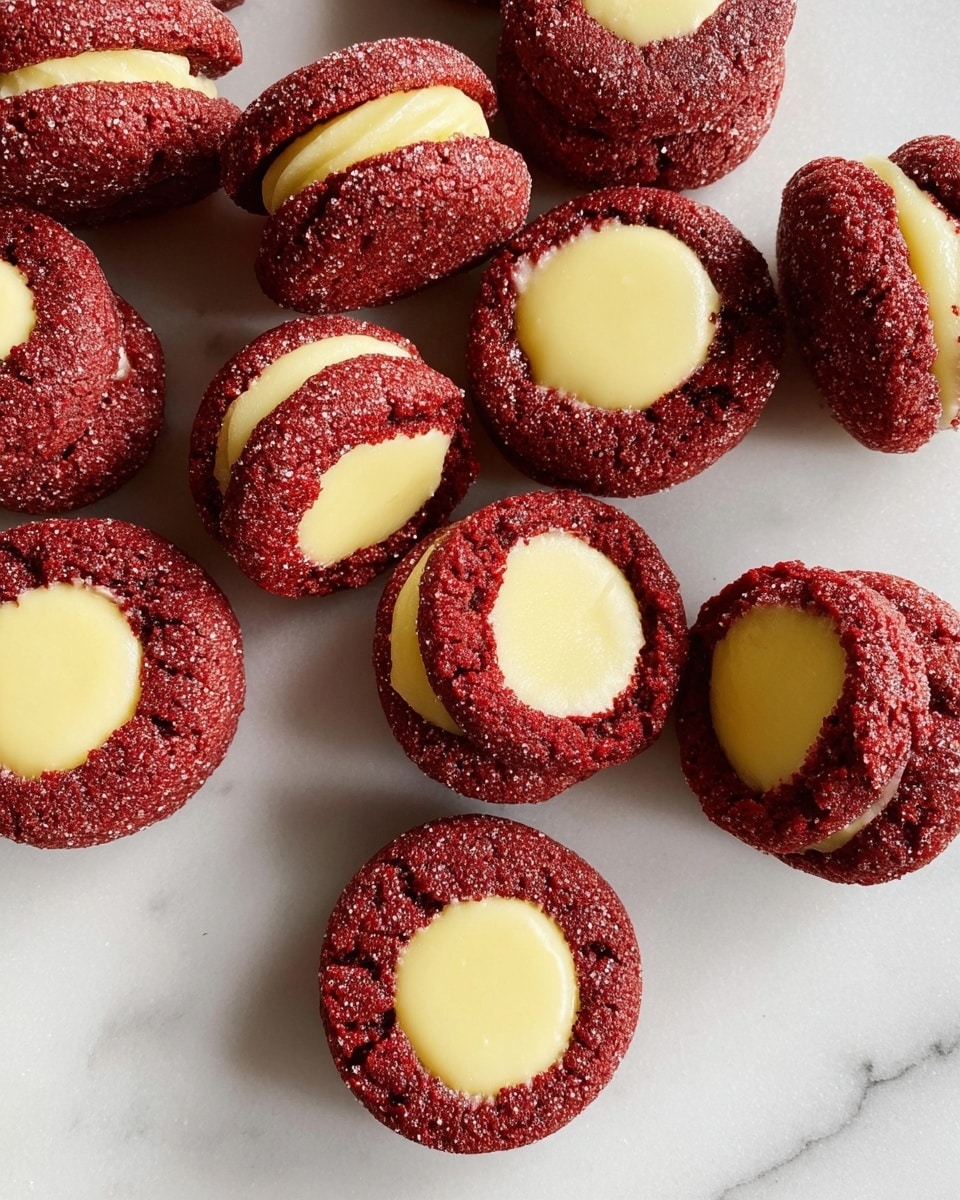 A close-up photo of many small round cookies placed directly on a white marbled surface. Each cookie has two layers: the outer layer is deep red with a grainy texture, slightly cracked on some of them, and the inner layer is a smooth creamy pale yellow circle in the center. The cookies are arranged closely together in no particular order. Photo taken with an iphone --ar 4:5 --v 7