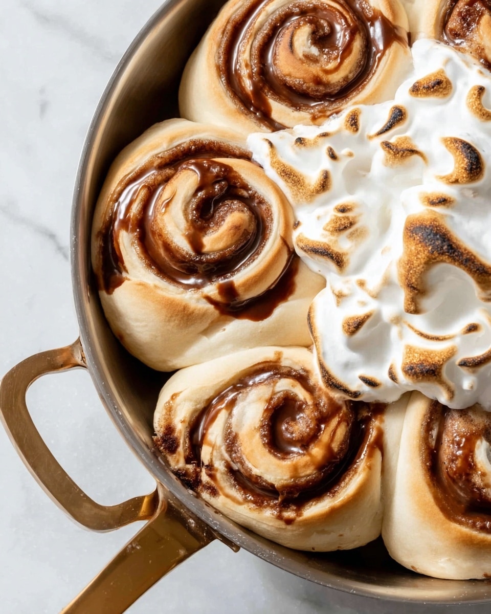 A close-up of four small rolls in a round white pan with brass handles, each roll showing a swirl of soft, light beige dough with rich, shiny brown chocolate spread inside the spiral; on top of three rolls there is a thick layer of fluffy, white toasted meringue with light brown spots and a slight golden crust texture; the pan is set on a white marbled surface. Photo taken with an iphone --ar 4:5 --v 7