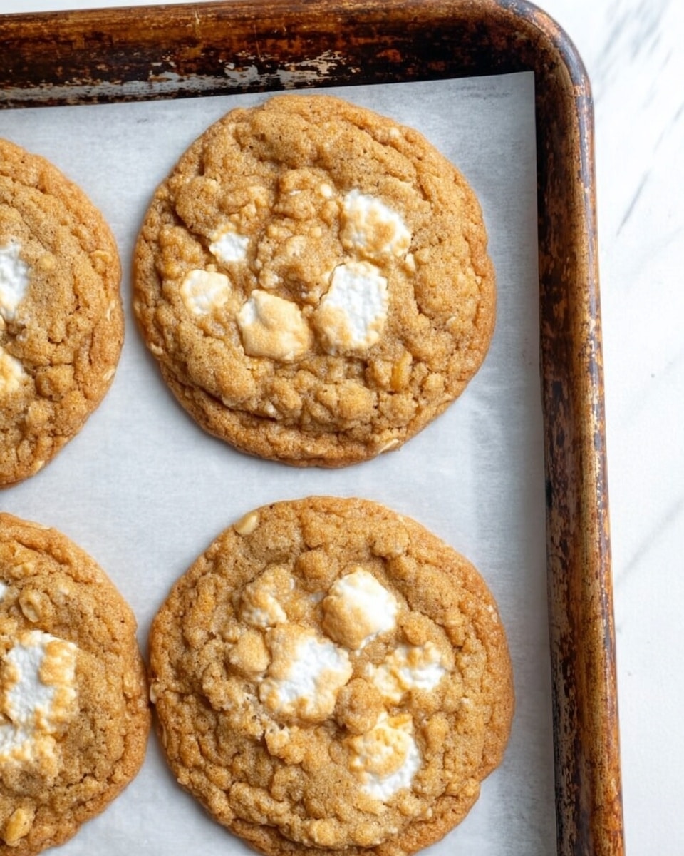 The image shows three oatmeal cookies on a white parchment paper that covers a well-used metal baking tray with darkened edges. The cookies are golden brown with a slightly rough texture, showing oats and some melted marshmallows on the top layer, which adds a soft white and slightly toasted look. The cookies are round and thick with a slightly raised edge. The background features a white marbled texture beneath the tray. photo taken with an iphone --ar 4:5 --v 7