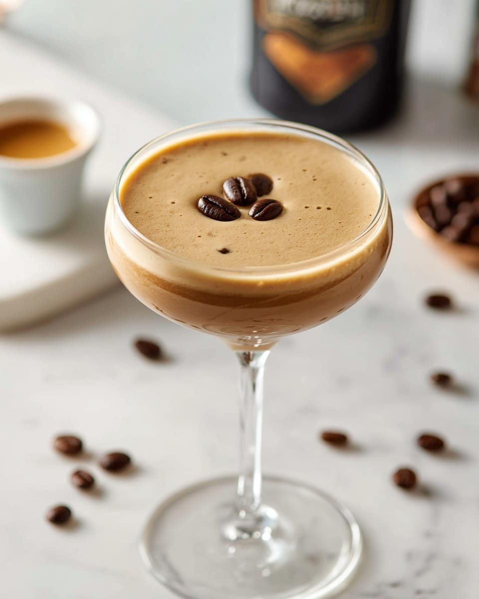A clear glass coupe holds a creamy light brown espresso martini with a smooth, frothy surface, topped with four glossy dark brown coffee beans arranged in the center. The glass is placed on a white marbled texture surface with scattered coffee beans around it. In the blurred background, there is a small white cup with espresso and a dark bottle partially visible. Photo taken with an iphone --ar 4:5 --v 7