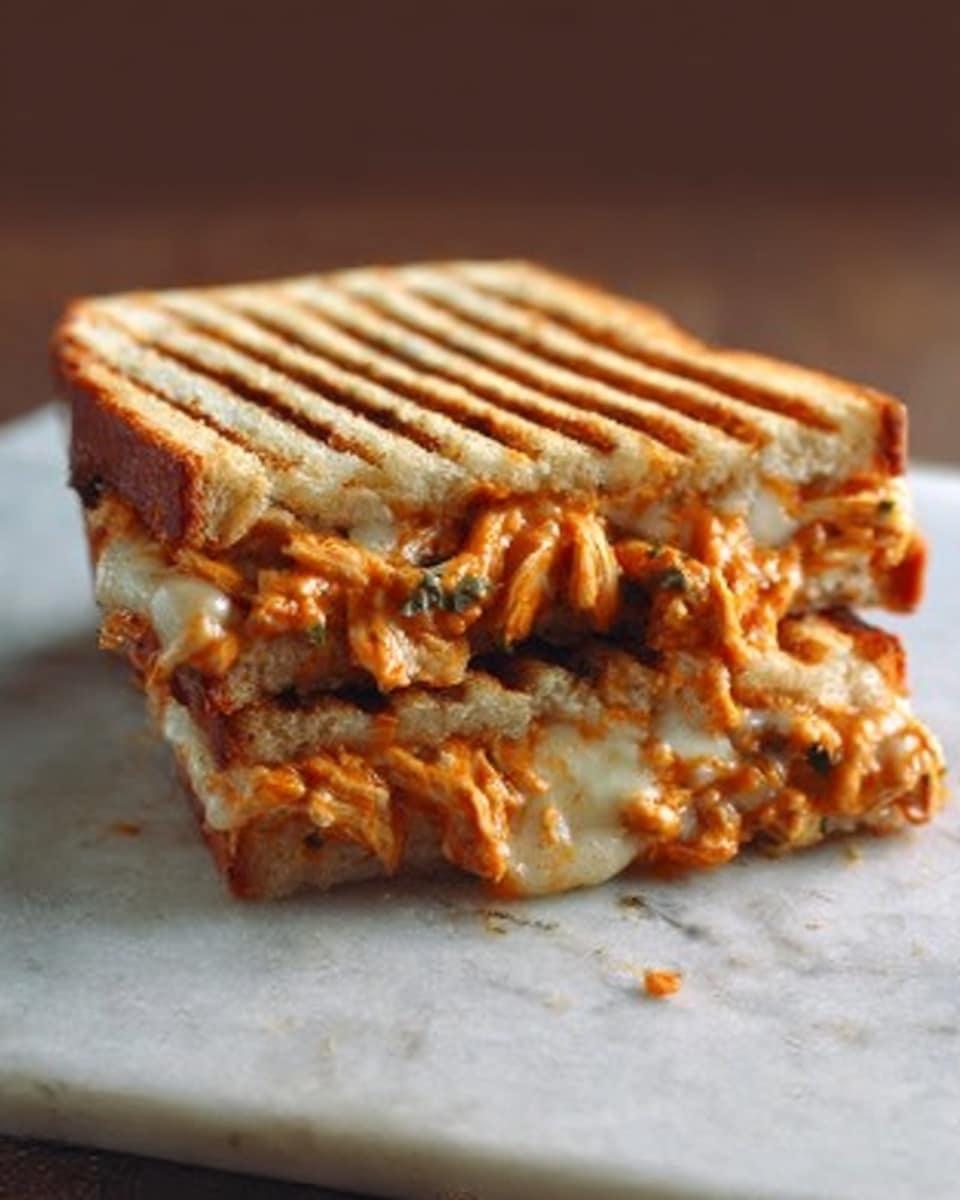 A grilled sandwich cut into two halves stacked on top of each other, each half showing three layers: the top and bottom layers are golden-brown toasted bread with grill marks and a slightly crispy texture, the middle layers are shredded orange and white cheese mixed with shredded chicken that looks moist and juicy, with the cheese melting and oozing between the bread slices. The sandwich is on a white marbled surface with soft lighting highlighting the warm colors and textures. photo taken with an iphone --ar 4:5 --v 7