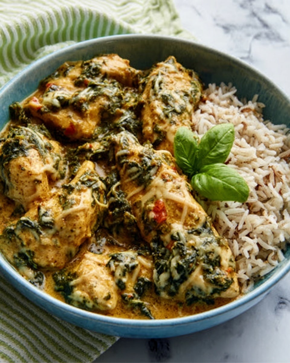 A white bowl holds a serving of food with two main parts: on the right side, a pile of cooked wild rice that is a mix of light brown and cream grains, and on the left side, a baked dish with layers of orange-brown melted cheese on top, mixed with green leafy vegetables and a creamy texture beneath the cheese. The bowl is placed on a white marbled surface with a light-colored cloth nearby. photo taken with an iphone --ar 4:5 --v 7