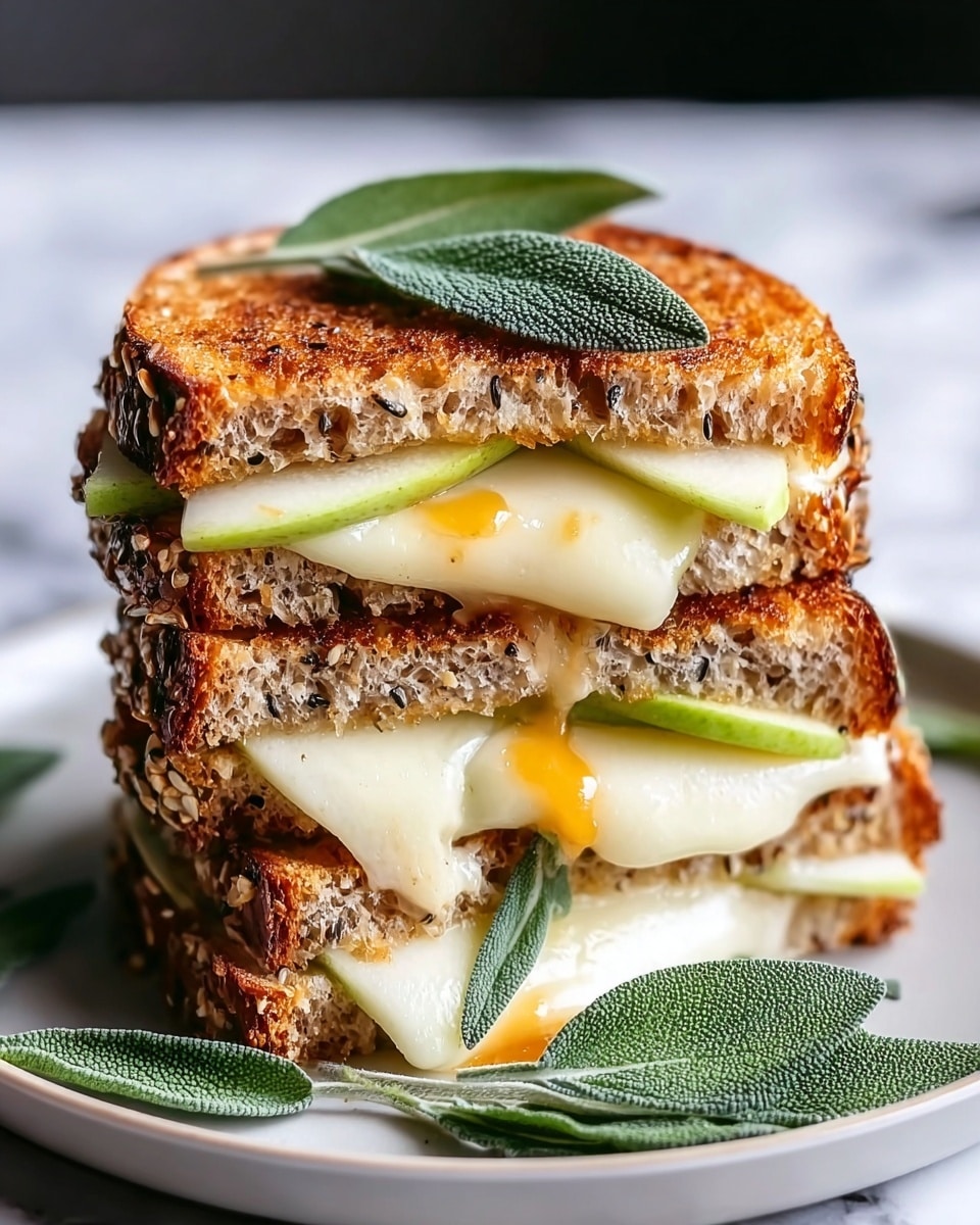 A close-up image of a toasted sandwich stacked in two layers on a white plate, sitting on a white marbled surface. The bottom layer has crispy golden-brown bread with visible seeds and grains, with melted white cheese oozing out and slices of green apple peeking through. The top layer repeats with toasted seeded bread, more melted white cheese dripping slightly, and green apple slices inside. Fresh green sage leaves are placed on top of the sandwich and around the plate, adding a touch of color. Photo taken with an iphone --ar 4:5 --v 7