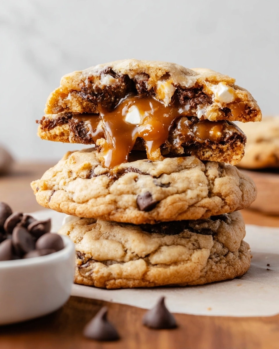 The image shows a close-up of three thick chocolate chip cookies stacked on top of each other on a white marbled surface. The bottom cookie is whole, light golden with visible dark and white chocolate chips. The middle cookie is slightly broken with gooey caramel dripping from its center, showing a soft, chewy texture inside with melted chocolate pieces. The top cookie is cracked open, revealing a melty caramel core and rich chocolate chunks. The background is light and blurred, focusing attention on the cookies. A small white bowl with dark chocolate chips is slightly visible on the left side. Photo taken with an iphone --ar 4:5 --v 7