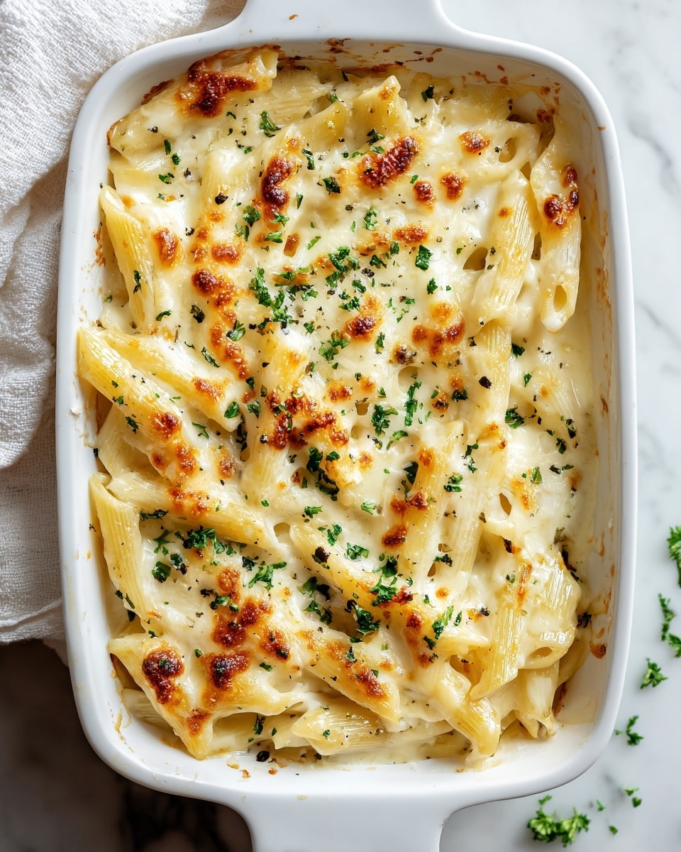 The image shows a white baking dish filled with baked penne pasta covered in a creamy, melted cheese layer. The penne pasta is light yellow and scattered throughout the dish, slightly browned in some places where the cheese has melted and crisped on top. The cheese layer is smooth and creamy with some golden brown spots from baking, sprinkled with small green parsley bits and black pepper flakes. The baking dish is placed on a white marbled surface with some parsley pieces around it. photo taken with an iphone --ar 4:5 --v 7