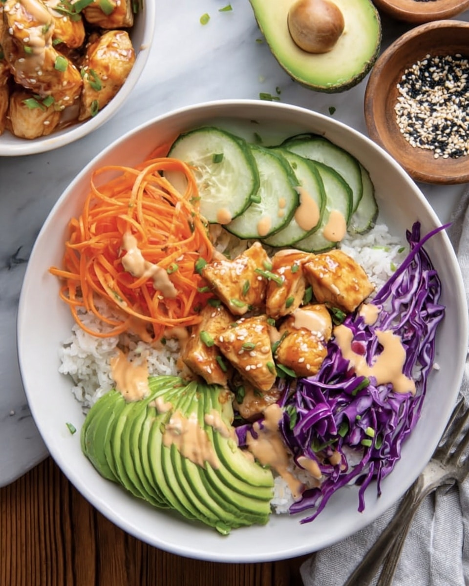 The dish is served in a white bowl on a white marbled surface, layered carefully. At the bottom, there is a base of white rice, topped with grilled brown chicken pieces arranged in the center. Around the chicken, there are slices of green cucumber, bright orange shredded carrots, thinly sliced avocado fanned out, and shredded purple cabbage on one side. A light creamy sauce is drizzled over the chicken, avocado, carrots, and cabbage. There are black sesame seeds sprinkled lightly on top for contrast. Nearby, there is a silver fork placed to the right of the bowl. Photo taken with an iphone --ar 4:5 --v 7
