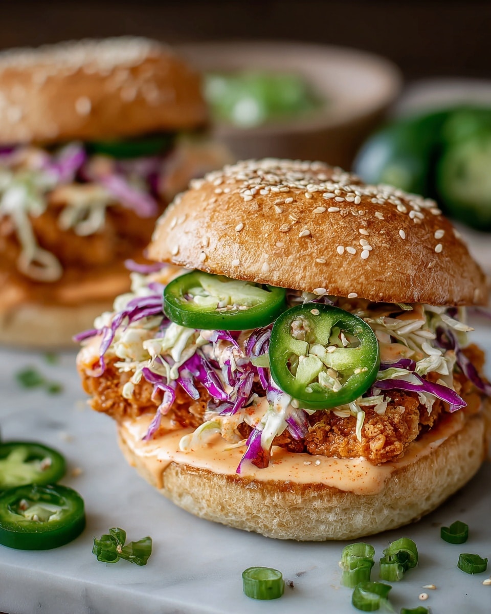 A close-up view of a sandwich on a white sesame burger bun, cut in half horizontally. The bottom layer is a creamy light orange sauce spread thickly. Above it lies a crispy golden brown fried chicken fillet, covered in a slightly shiny texture. On top of the chicken, there is a mix of shredded white cabbage and purple cabbage, with small green chopped herbs scattered around. A round green slice of jalapeño sits prominently on the slaw, with another jalapeño slice and herbs placed on the wooden surface next to the sandwich. The background shows a blurred second sandwich and a soft focus white marbled texture surface. Photo taken with an iphone --ar 4:5 --v 7