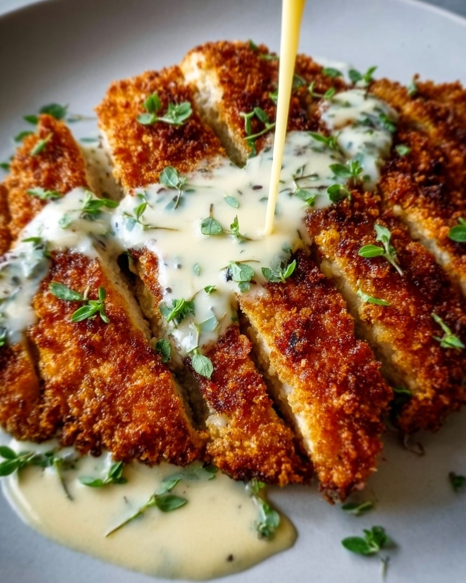 A close-up of a crispy breaded chicken cutlet sliced into strips, arranged on a white plate. The cutlet's outer layer is golden brown and crunchy, with a textured crust. On top, there is a creamy white sauce with small green herb pieces sprinkled evenly. Fresh green herbs garnish the dish, adding a pop of color. The background is a white marbled texture. Photo taken with an iphone --ar 4:5 --v 7
