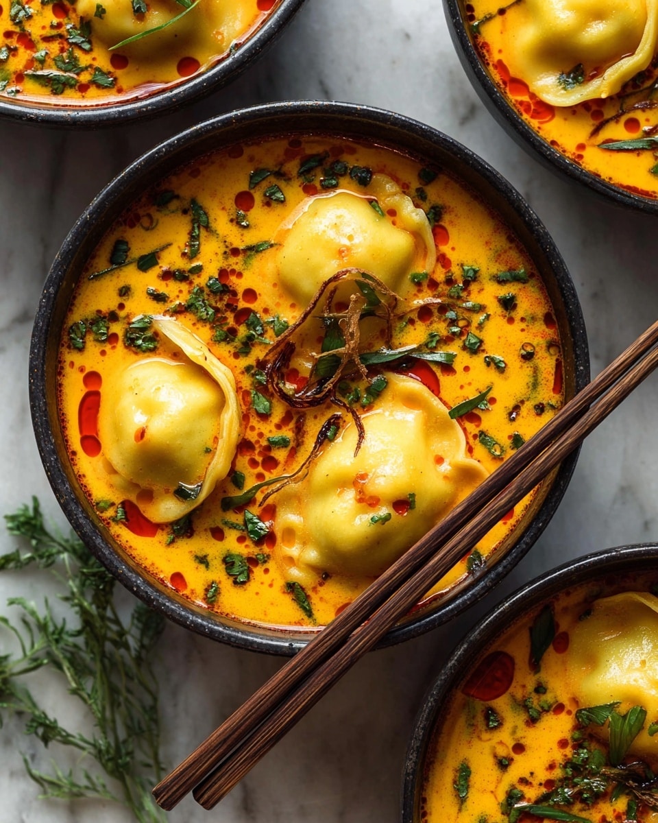 A close-up view of a black bowl filled with five plump tortellini pasta floating in a bright orange creamy broth with small red oil drops on the surface. The tortellini are light yellow with folded edges and soft texture. Thinly sliced green onions and small green herb pieces are scattered on top, adding fresh green accents. Wooden chopsticks rest on the left edge of the bowl. The background is a white marbled texture with some green herb sprigs placed around the bowl. Two more bowls with similar contents are partially visible around the main bowl. photo taken with an iphone --ar 4:5 --v 7