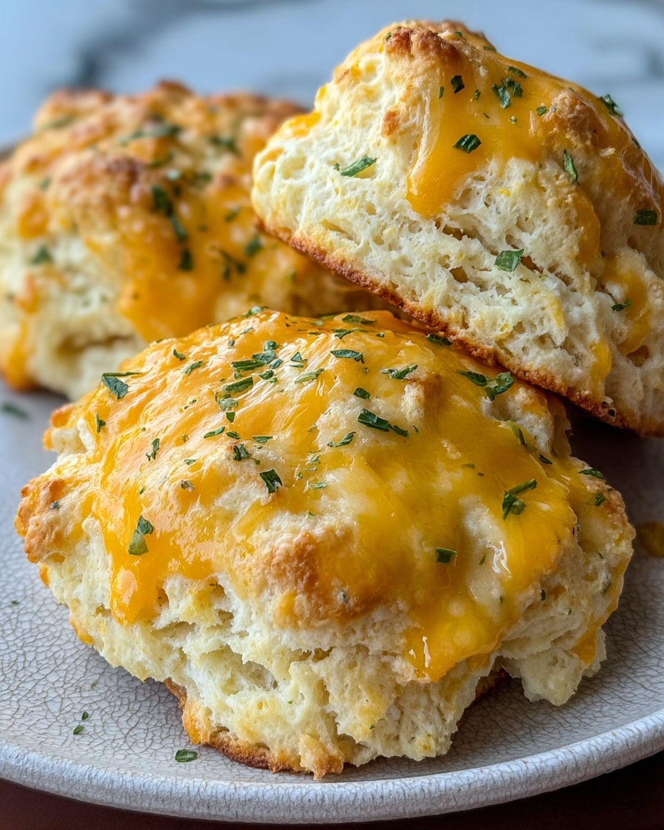 The image shows three fluffy biscuits on a white plate with a gray texture. Each biscuit is light golden brown and layered with melted cheddar cheese on top, which has a shiny texture and some parts dripping softly down the sides. The biscuits have a soft, airy crumb with tiny holes, and chopped green herbs are sprinkled lightly over the cheese. The biscuits are close together on the plate, which sits on a white marbled surface. The background shows a blurred window and outdoor view. photo taken with an iphone --ar 4:5 --v 7