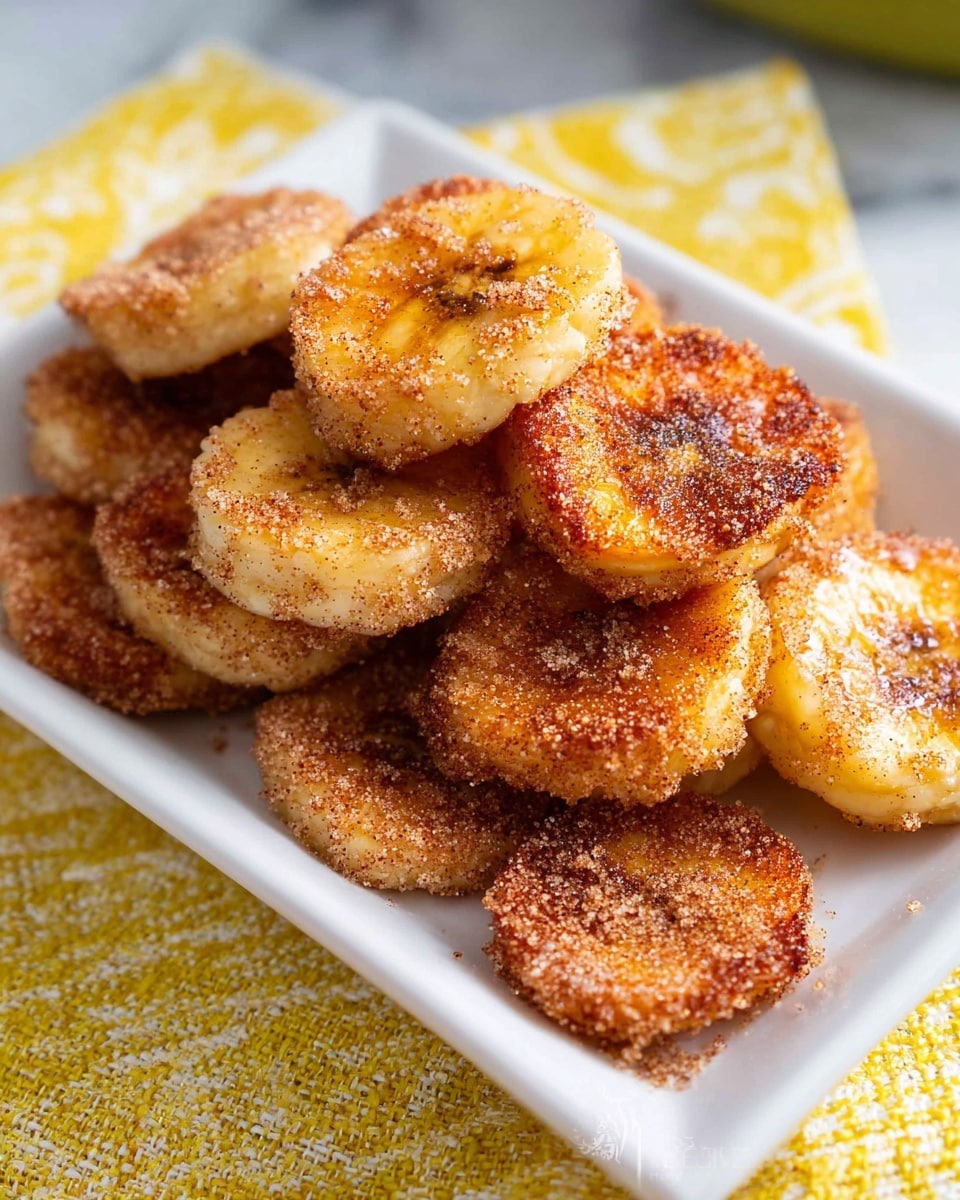 A white rectangular dish holds a stack of about five layers of round, thick slices covered with a brown cinnamon sugar coating. Each slice has a golden-brown toasted top and sides with a slightly crisp texture, while the inside of the slices appears soft and light cream-colored. The slices are unevenly stacked, showing different angles of their toasted surfaces and soft inner parts. The dish rests on a yellow textured cloth over a white marbled surface, with a blurred background in soft green and yellow hues. Photo taken with an iphone --ar 4:5 --v 7