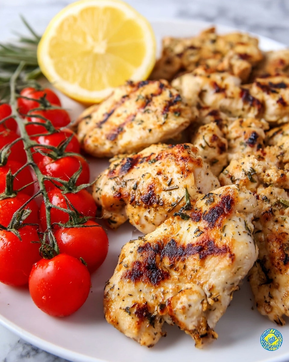 The image shows a close-up view of golden brown grilled chicken pieces, each with visible char marks and sprinkled with green herbs, arranged on a white plate. To the left side of the plate, there is a bright yellow half lemon and a bunch of small, shiny red cherry tomatoes still attached to their green vine. The overall texture of the chicken looks tender and juicy, with the herbs giving a speckled effect. The scene is set on a white marbled surface. photo taken with an iphone --ar 4:5 --v 7