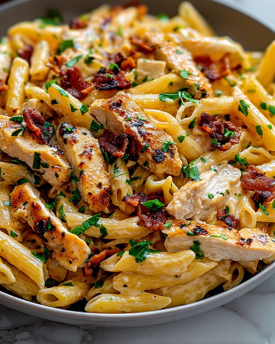 A close-up view of a white plate filled with a creamy pasta dish made of pale yellow penne pasta mixed with golden grilled chicken strips that have light brown sear marks. Small pieces of crispy dark brown bacon are scattered on top along with chopped fresh green herbs. The pasta and chicken are lightly coated in a glossy, creamy sauce, giving the dish a rich texture. The plate sits on a white marbled surface, showing the details of the ingredients clearly. photo taken with an iphone --ar 4:5 --v 7