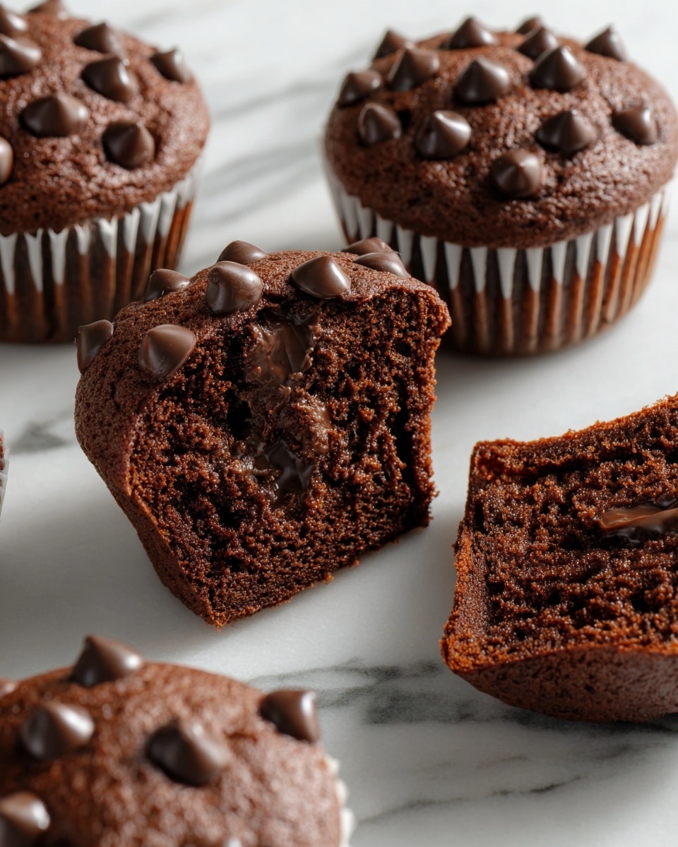 The image shows several chocolate muffins placed on a white marbled surface. Four whole muffins have a dark brown color, topped with round chocolate chips that are shiny and smooth. One muffin is broken in half, revealing a moist, soft inside with melted chocolate chips inside the crumb. The muffins have ridged white paper liners at the base, adding texture contrast. Soft light highlights the rich colors and moist texture of the muffins. photo taken with an iphone --ar 4:5 --v 7