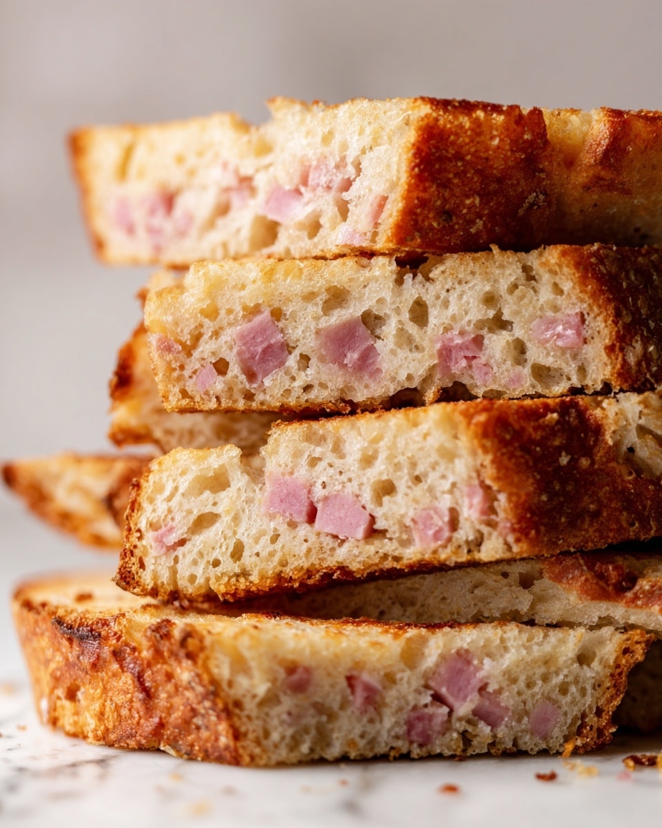 The image shows a close-up of two slices of bread with a crispy, golden-brown crust layered on the outside. Inside, the bread has a soft, light creamy color with visible swirls of pink ham distributed through the airy texture. The crust has a slightly glossy, toasted look with some darker brown spots, while the inside looks fluffy and moist. The slices rest on a white marbled surface with natural sunlight highlighting the texture and colors. Photo taken with an iphone --ar 4:5 --v 7