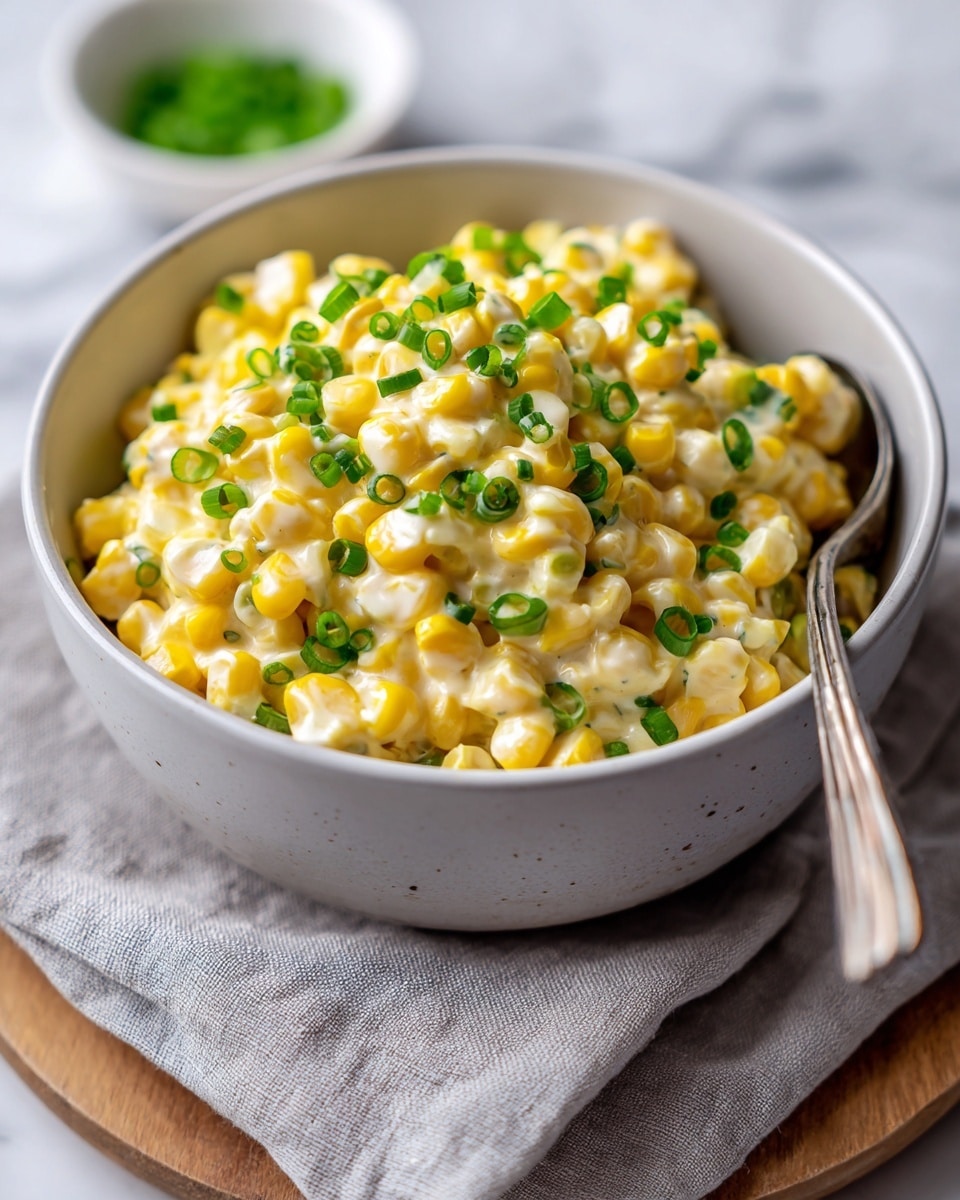 A white bowl filled with creamy corn salad made of yellow corn kernels mixed with a light creamy sauce, topped with small green chopped scallions evenly spread on the surface. The bowl sits on a light gray cloth on a wooden board, with a silver spoon next to it and a white bowl with chopped green onions above. The background is a white marbled texture. Photo taken with an iphone --ar 4:5 --v 7