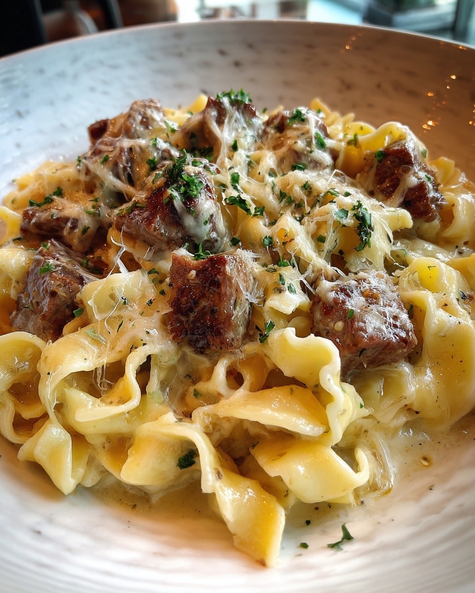 The image shows a close-up of a creamy pasta dish on a white plate, placed on a white marbled surface. The pasta is thick and yellowish, coated in a smooth, light-colored sauce. On top, there are chunks of tender brown beef scattered throughout. The dish is garnished with small pieces of fresh green parsley, adding a pop of color. The texture of the pasta looks soft and slightly glossy, while the beef pieces are slightly browned and juicy. photo taken with an iphone --ar 4:5 --v 7