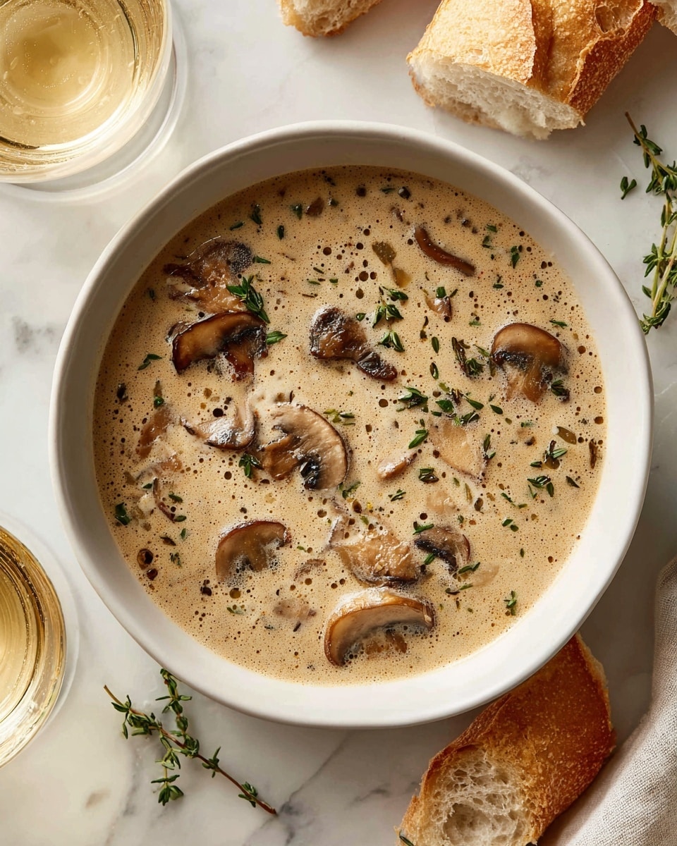 A white bowl sits on a white marbled surface filled with creamy mushroom soup. The soup has a light beige creamy base with small bubbles, with visible pieces of sliced mushrooms in brown and light tan hues scattered throughout. Small bits of chopped green herbs float on top, and a few sprigs of fresh thyme rest gently on the surface as garnish. Around the bowl, there are torn pieces of crusty bread in light golden-brown color. Two glasses with pale yellow liquid are partially visible at the edges of the frame. photo taken with an iphone --ar 4:5 --v 7