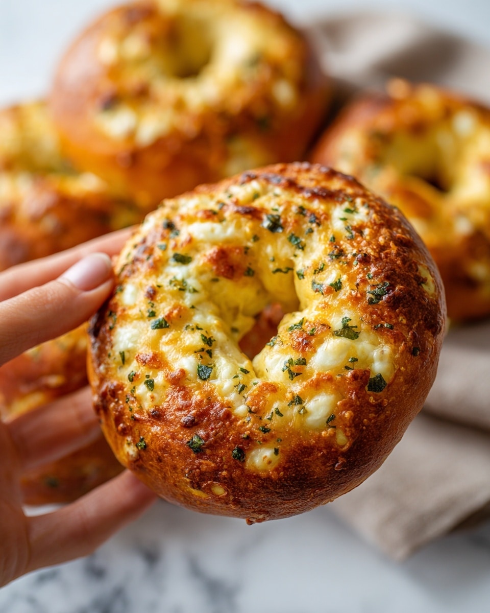 A close-up image shows a round, baked bagel with a thick, golden-brown crust on the outside. The bagel is topped with melted cheese that is light yellow and slightly browned in spots, with small green herbs sprinkled on top. There are bits of crispy bacon or similar savory pieces embedded within the cheese layer, adding texture and color contrast with their reddish-brown tones. The background shows more of these bagels softly out of focus on a white marbled surface. A woman's hand is holding the bagel gently from the side, showing the full top view of the bagel and toppings. Photo taken with an iphone --ar 4:5 --v 7