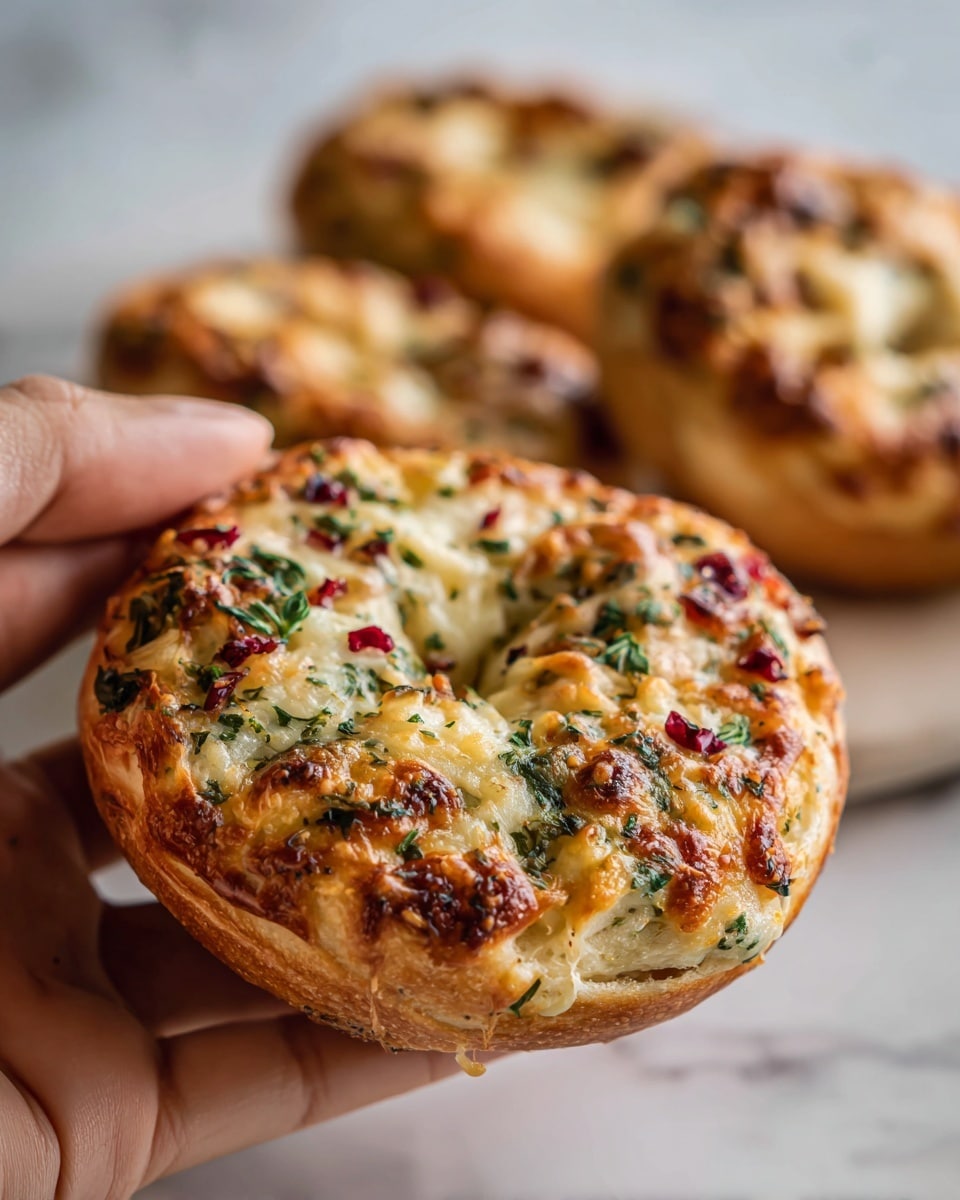 The image shows a close-up of a round bagel-shaped savory pastry with a golden brown top. The top layer has melted cheese, bits of green herbs, and small red pieces scattered evenly, giving it a colorful and textured look. The pastry appears soft and fluffy on the inside with a shiny, crisp crust outside. The woman's hand holds one pastry in the foreground, while three more are blurred in the white marbled surface background. photo taken with an iphone --ar 4:5 --v 7