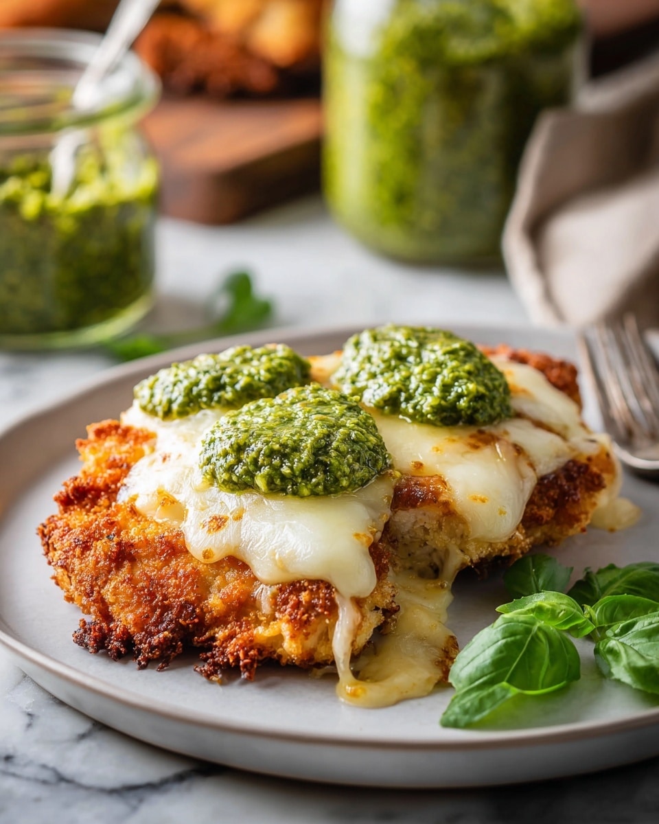 A white plate holds a piece of golden brown fried chicken as the first layer, crispy and slightly textured. The second layer is a creamy, melted white cheese that covers the chicken and drips slightly over the edges. The third layer is a thick, chunky bright green pesto sauce dolloped on top of the cheese in three main spots. Fresh green basil leaves are placed on the side of the plate as a garnish. In the blurred background, there is a jar filled with more green pesto sauce, all resting on a white marbled surface. photo taken with an iphone --ar 4:5 --v 7