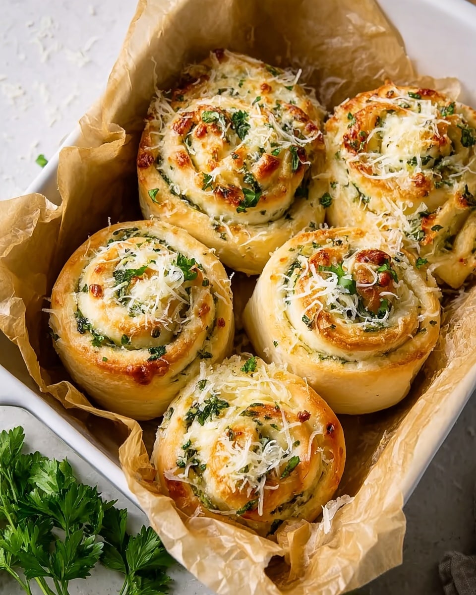 Five golden-brown cheese and herb rolls are arranged closely in a white baking dish lined with light brown parchment paper. Each roll shows visible layers of soft dough swirled with a creamy cheese filling mixed with finely chopped green herbs and small bits of red seasoning. The top of the rolls is sprinkled with shredded white cheese and more green herbs, giving a slightly textured look with some browned spots from baking. The white marbled surface underneath adds a clean and simple background to the warm and fresh appearance of the rolls. photo taken with an iphone --ar 4:5 --v 7