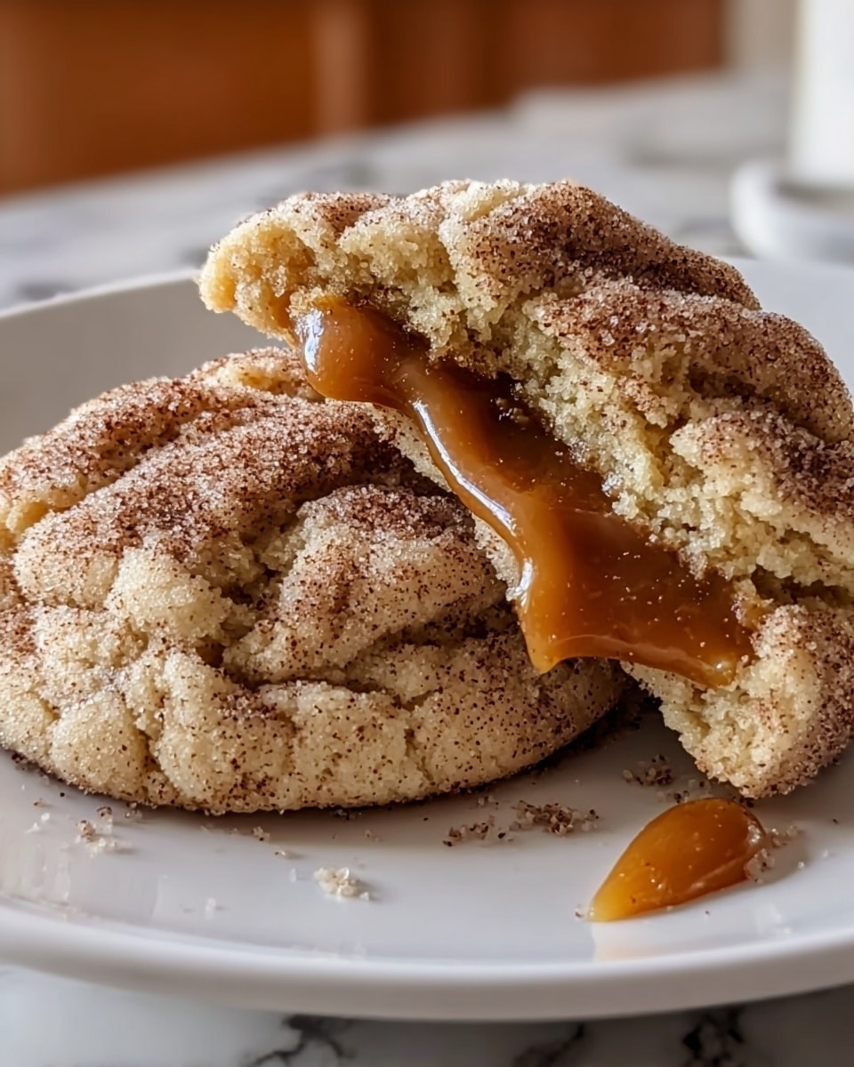 A close-up view of three soft cookies stacked on a white plate. The bottom cookie is whole, showing a pale, slightly cracked surface covered with a layer of fine cinnamon sugar. The top cookie is partially broken in half, revealing a thick, gooey caramel filling with a rich amber color oozing out from the center. Each cookie’s outer surface is textured with a light dusting of cinnamon and sugar, creating a warm brown speckled look against the creamy cookie dough. The background is a white marbled texture. photo taken with an iphone --ar 4:5 --v 7