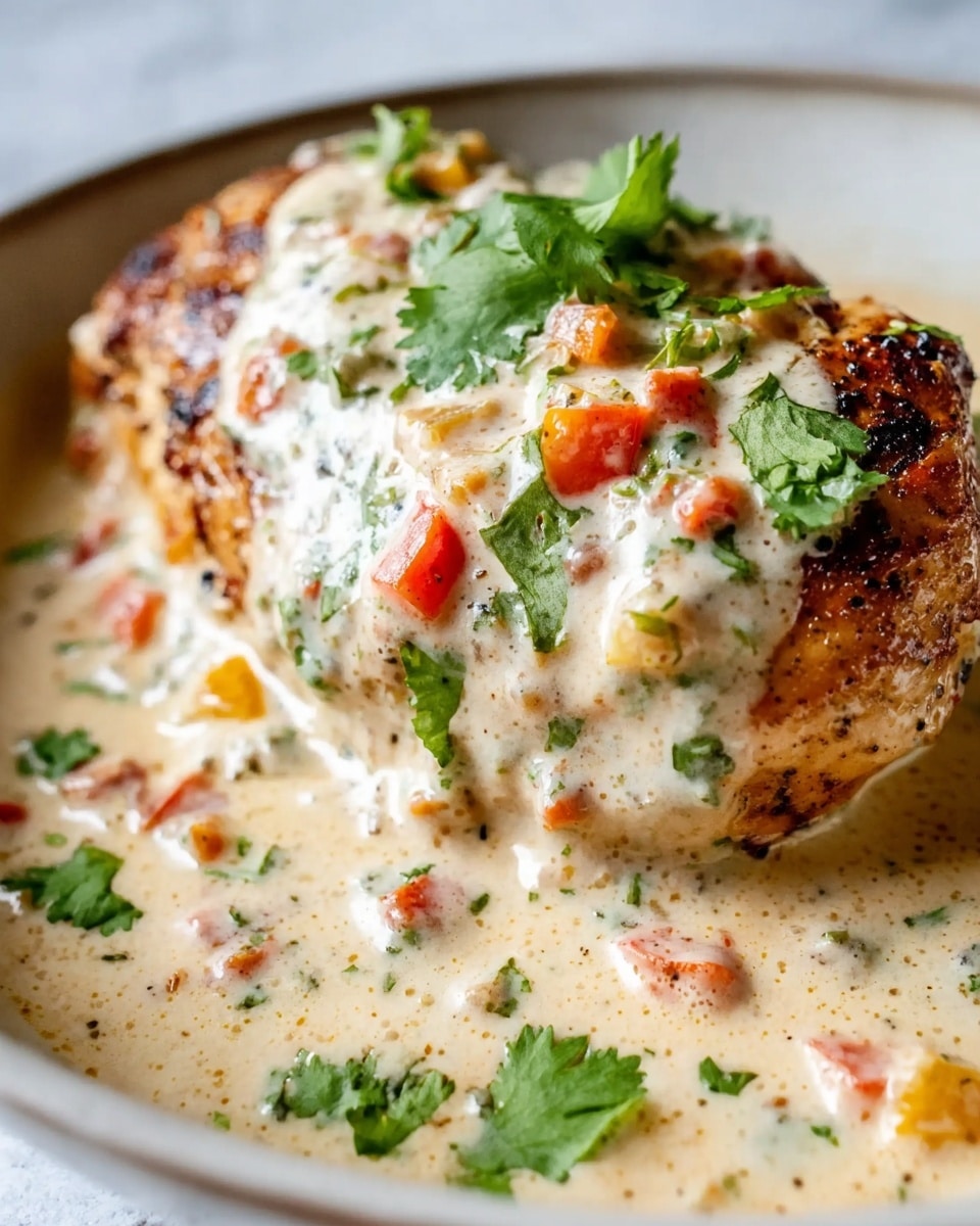 A single thick piece of grilled chicken sits in a shallow white bowl, covered in a creamy light beige sauce that pools around the base. On top and around the chicken are small chunks of orange, green, and red bell peppers, along with green herbs, giving it a colorful and fresh look. The chicken itself has a slightly charred, golden-brown texture visible beneath the sauce. The dish is displayed against a white marbled textured surface. Photo taken with an iphone --ar 4:5 --v 7
