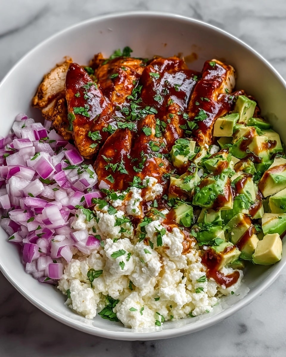 A white bowl is divided into four big sections: on the left, there are bright purple-red chopped onions with a fresh green herb sprinkled on top; next to it, golden-brown grilled chicken slices are neatly lined up and covered with a shiny, reddish-brown sauce and green herbs; to the right, fresh diced green avocado pieces mixed with chopped greens form a vibrant pile; the last section contains a layer of white cottage cheese topped with more reddish-brown sauce and green herbs. The bowl sits on a white marbled surface. photo taken with an iphone --ar 4:5 --v 7